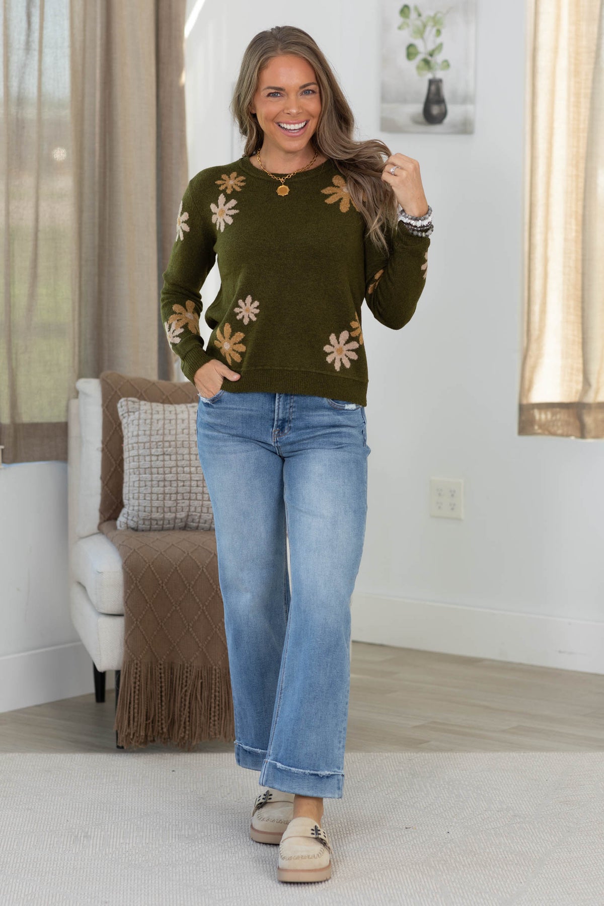 Floral Accent Crewneck Sweater