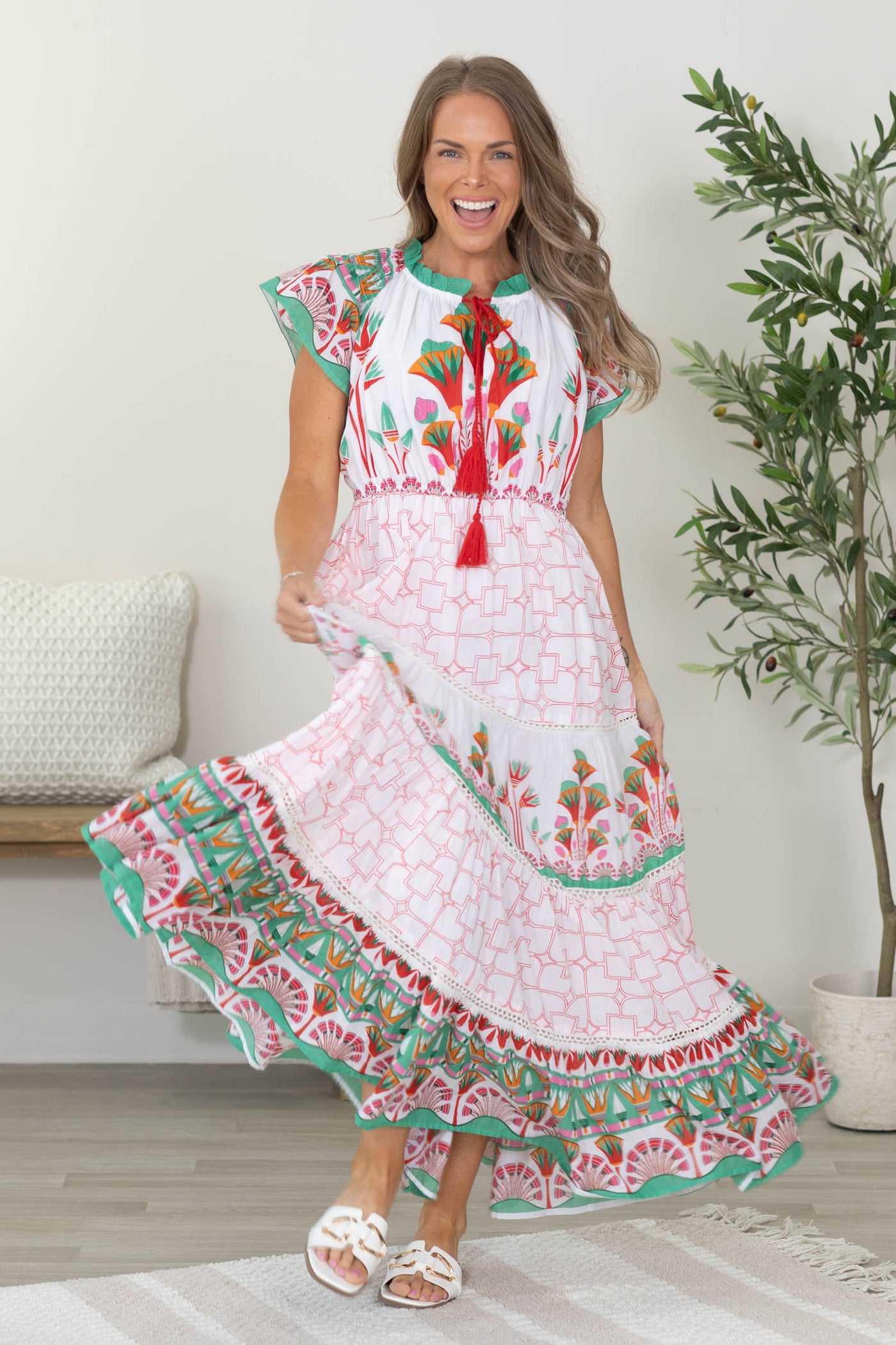 Off White Multicolor Printed Maxi Dress With Tassels