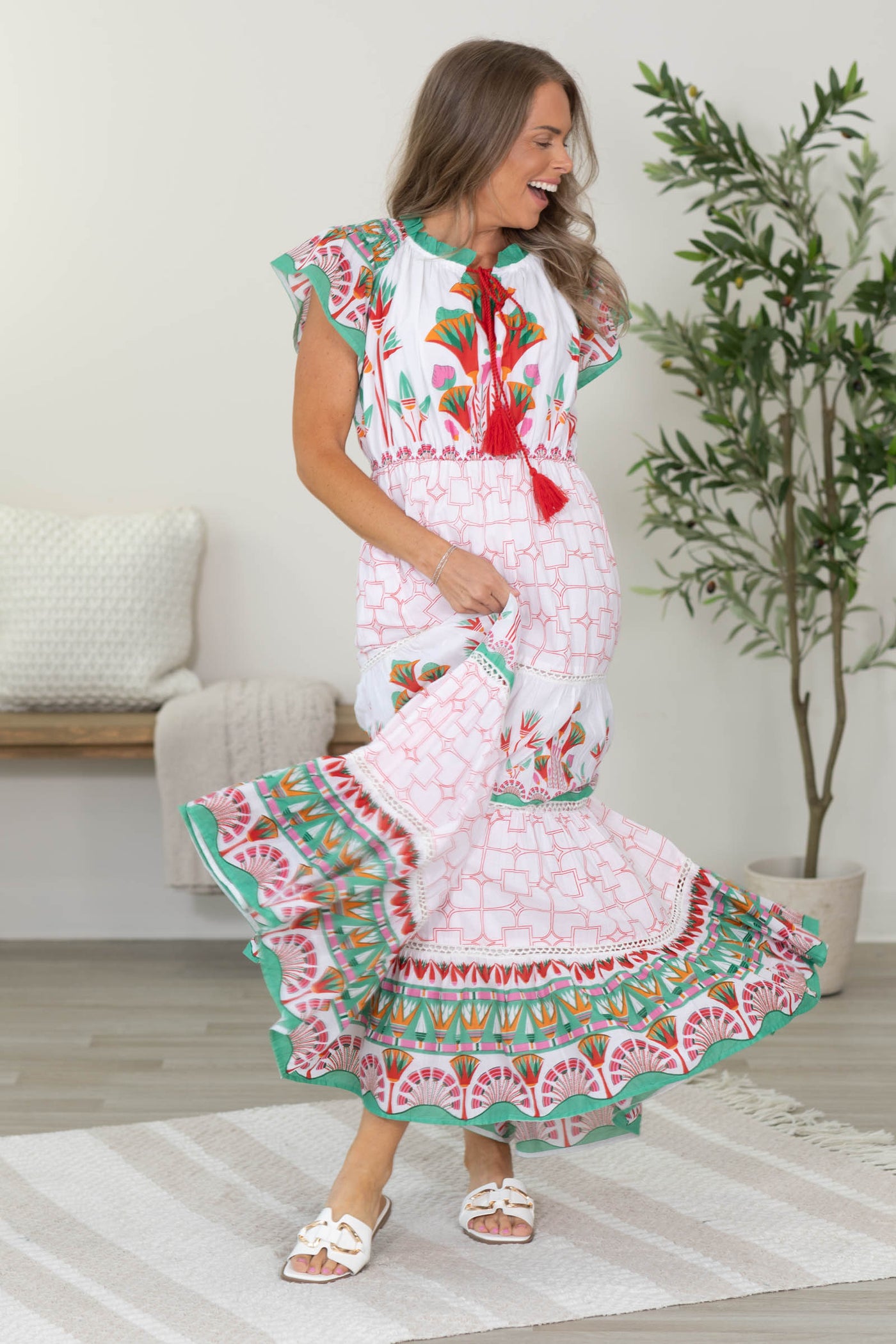 Off White Multicolor Printed Maxi Dress With Tassels