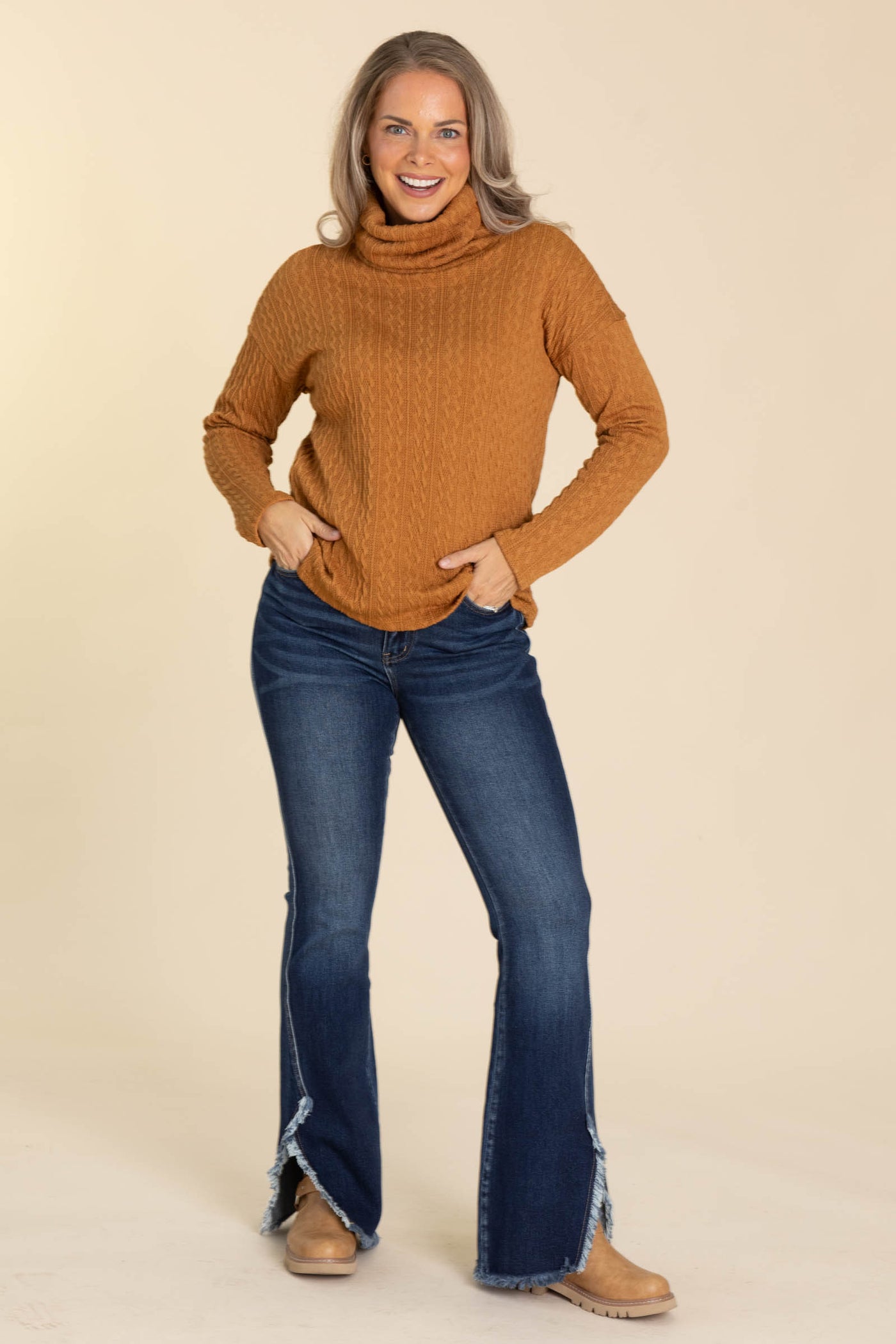 Cinnamon Textured Turtle Neck Knit Top