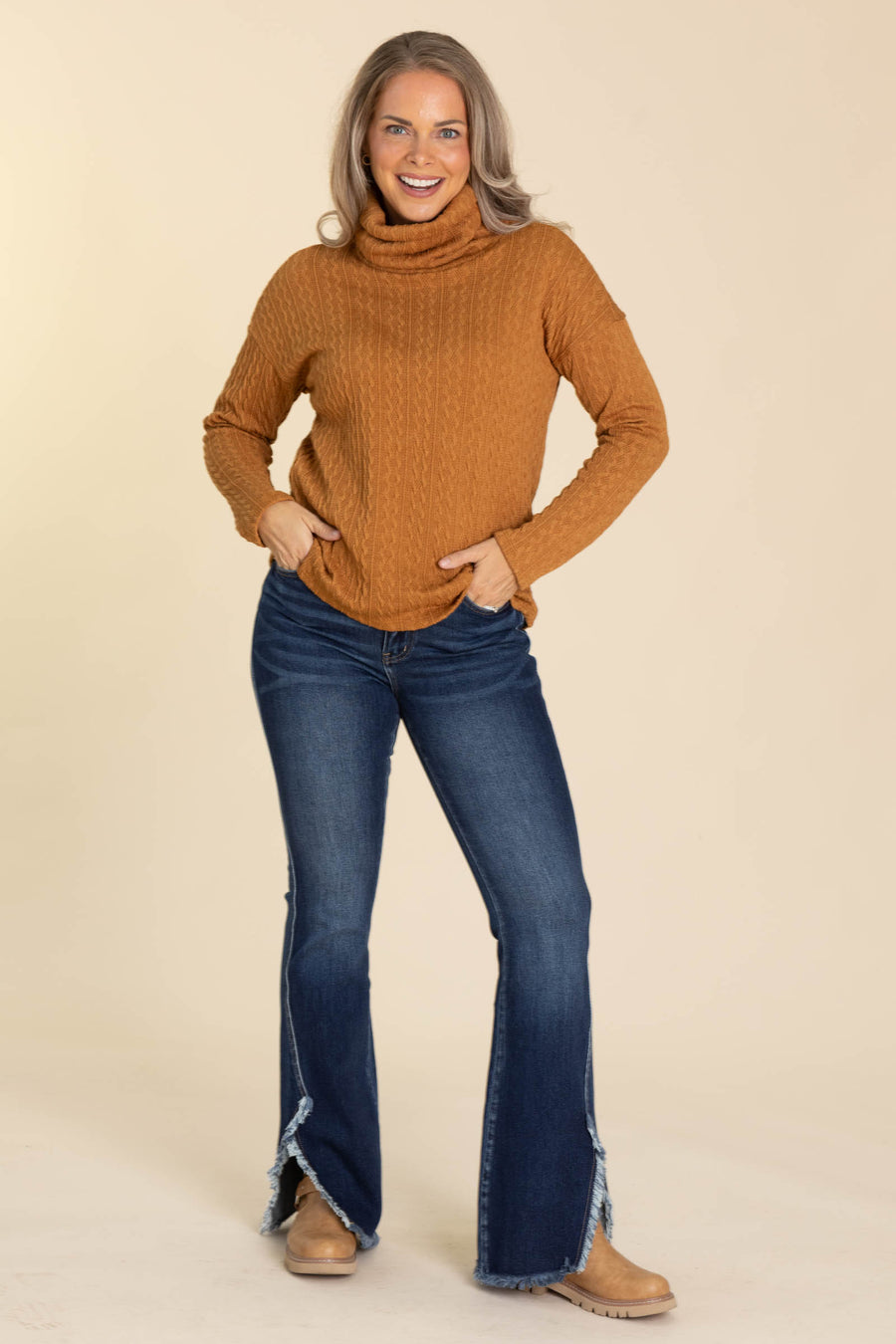 Cinnamon Textured Turtle Neck Knit Top