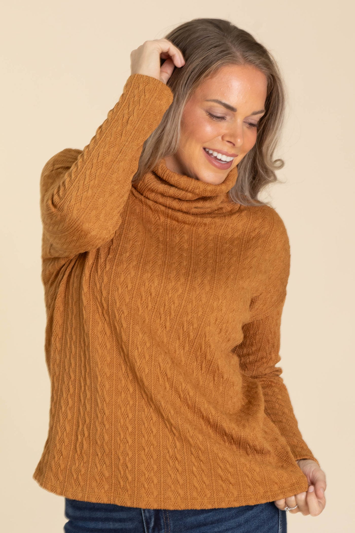 Cinnamon Textured Turtle Neck Knit Top