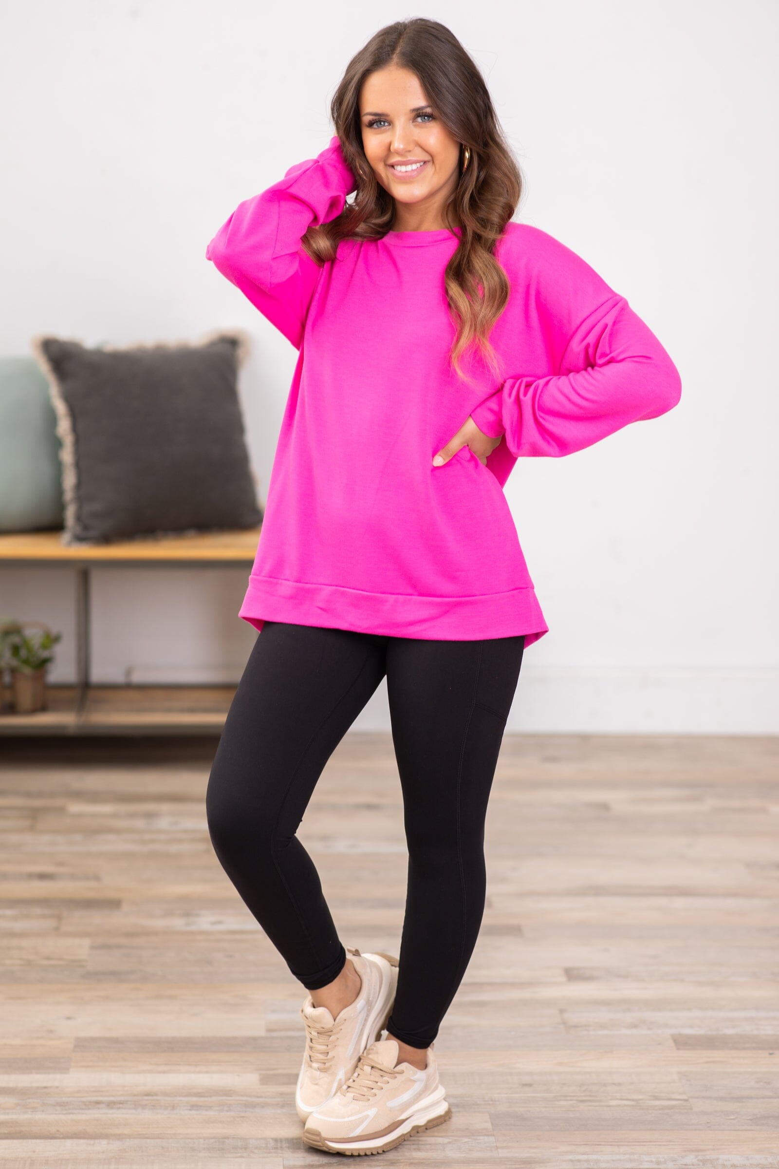 Hot Pink Crew Neck Long Sleeve Top - Filly Flair