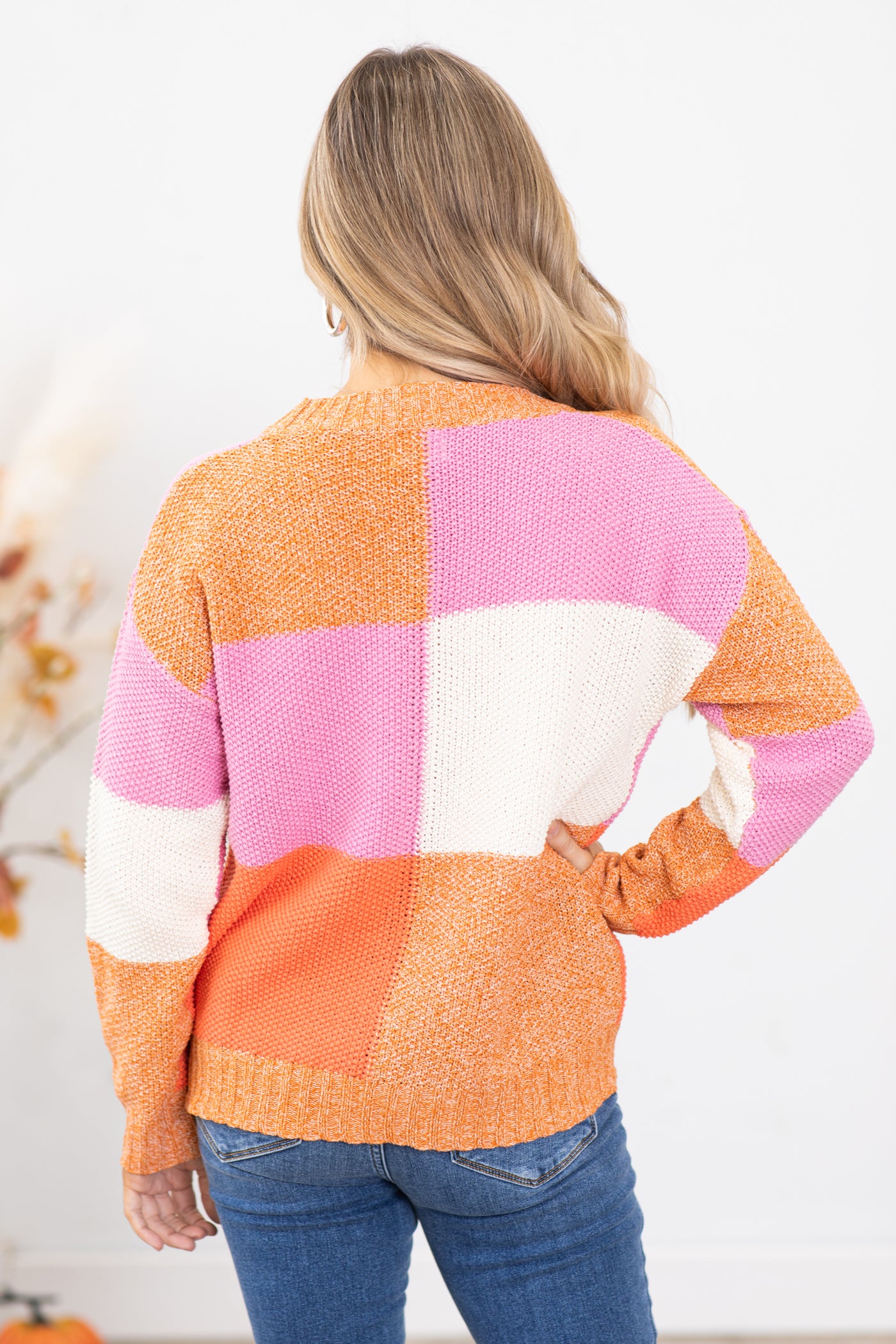 Pink and Orange Checkerboard Sweater