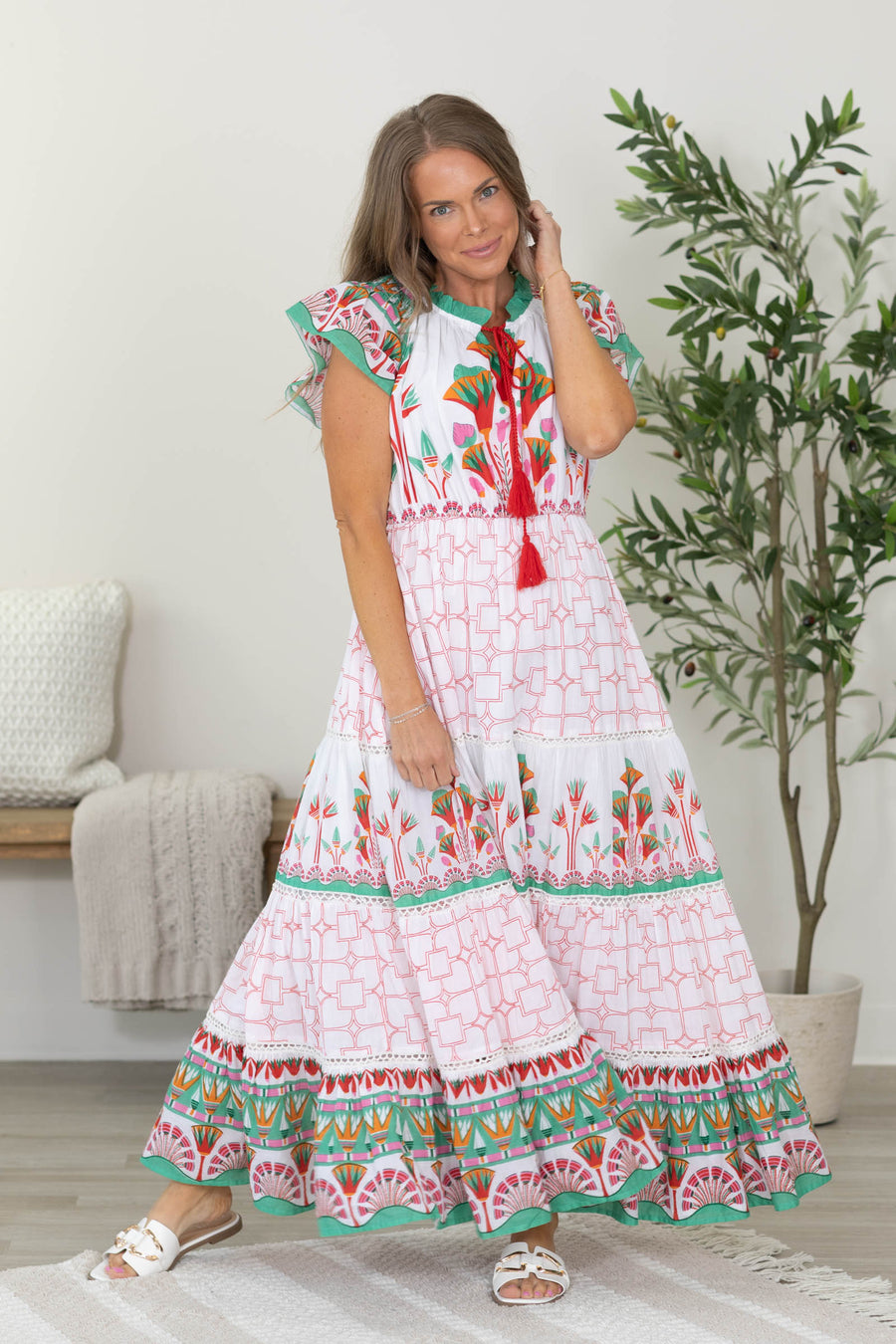 Off White Multicolor Printed Maxi Dress With Tassels