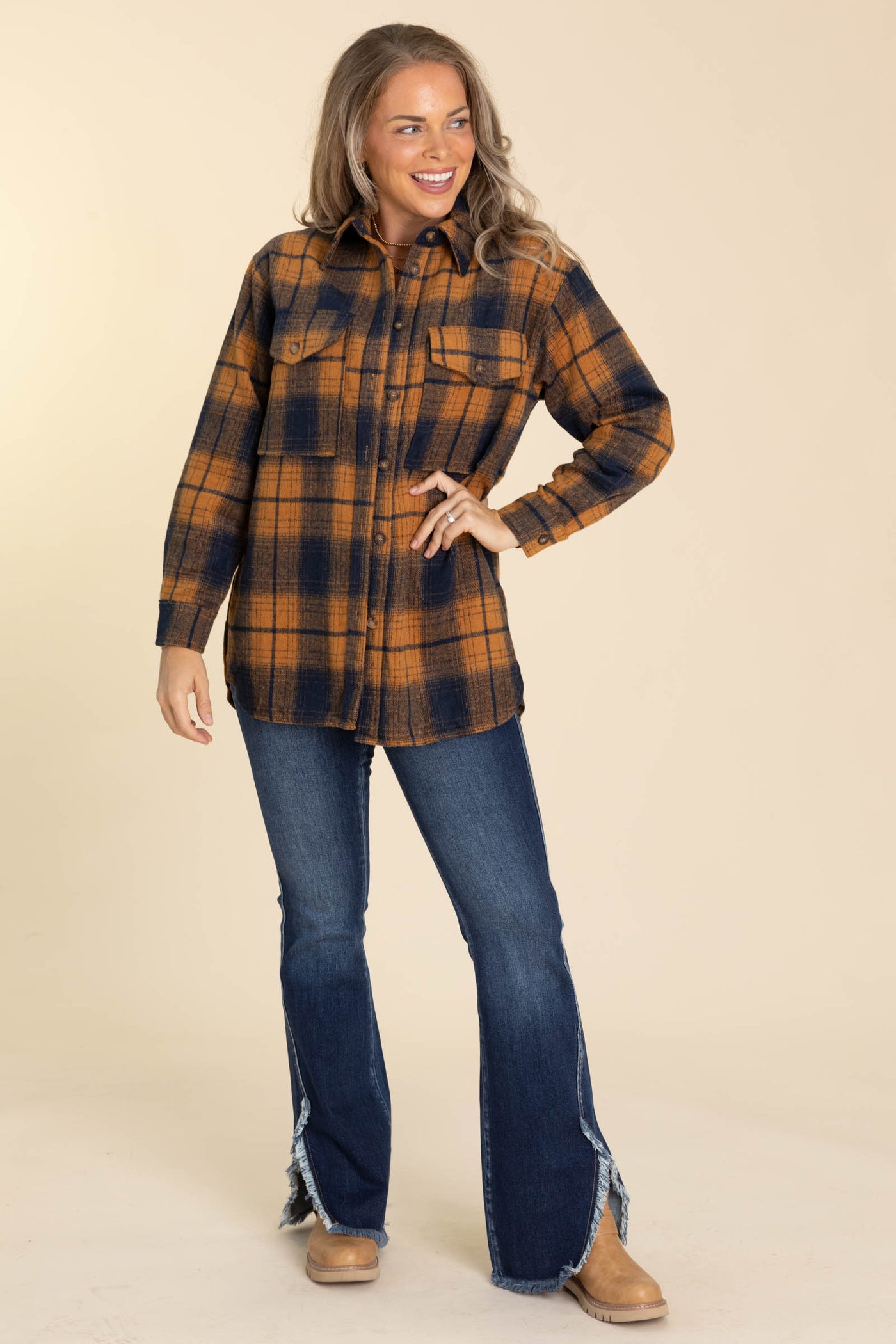 Cinnamon And Navy Button Front Plaid Shacket