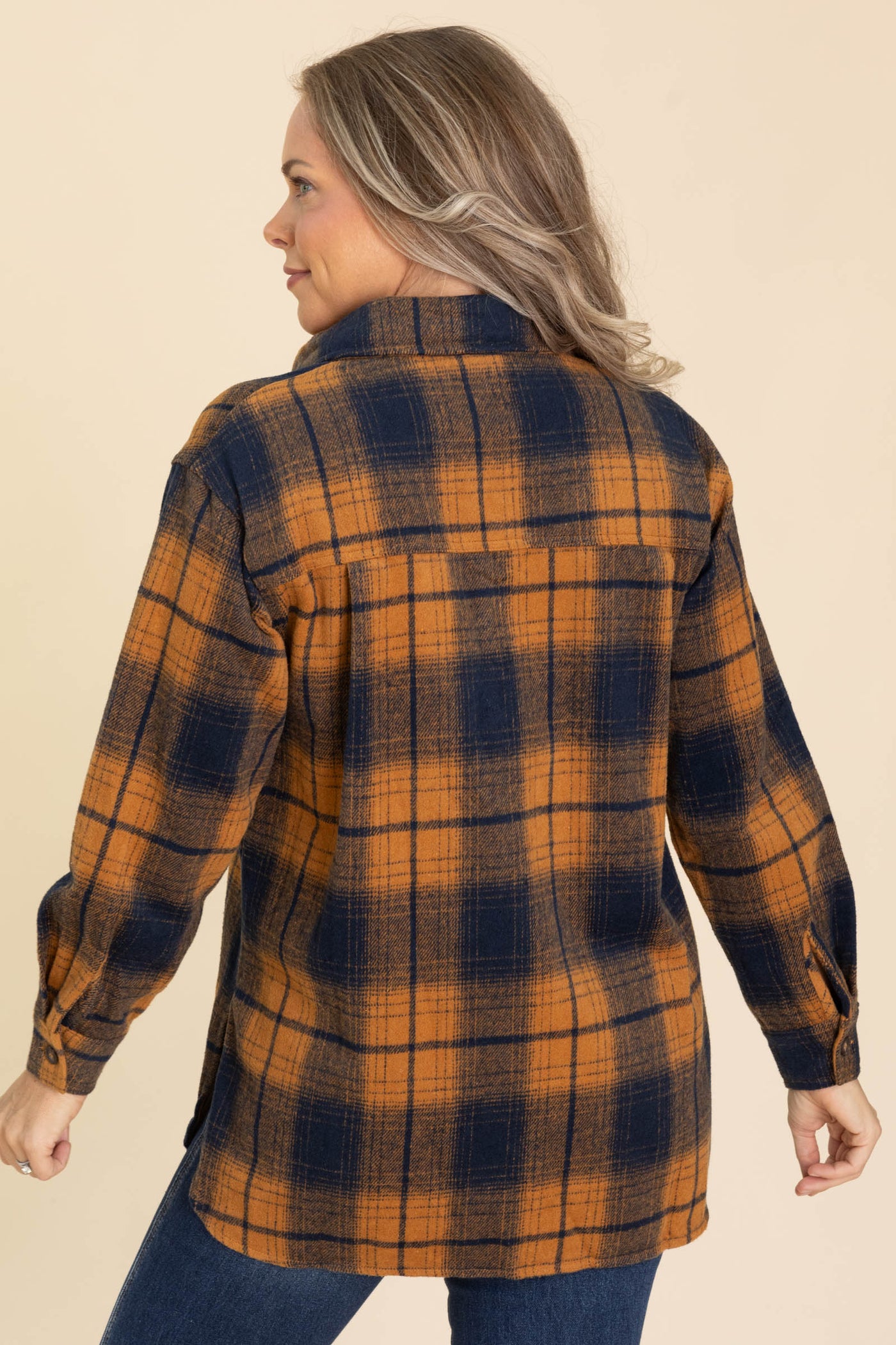 Cinnamon And Navy Button Front Plaid Shacket