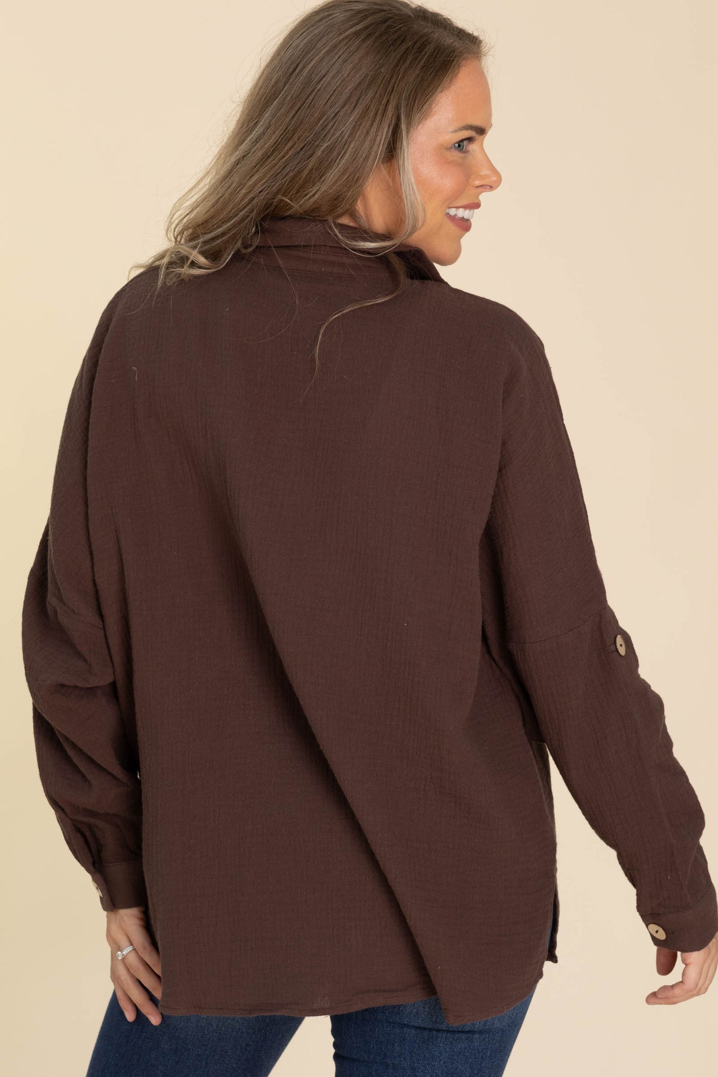 Brown Gauzy Button Down Top