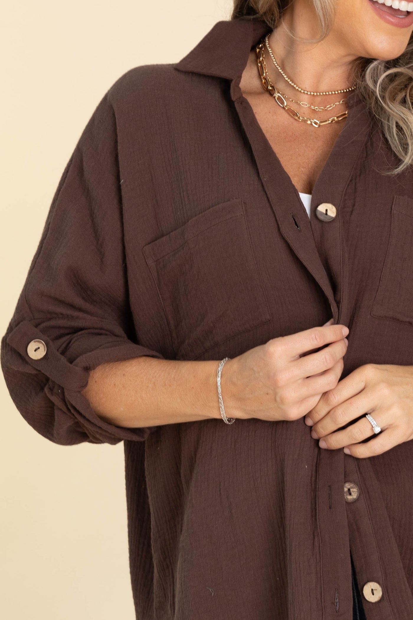 Brown Gauzy Button Down Top