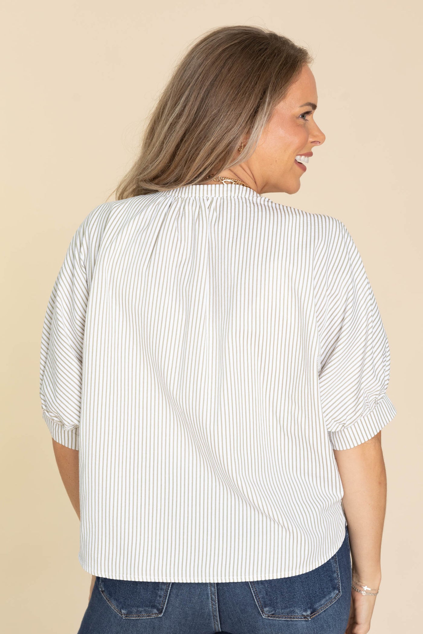 Sage Pinstripe Seersucker Dolman Blouse
