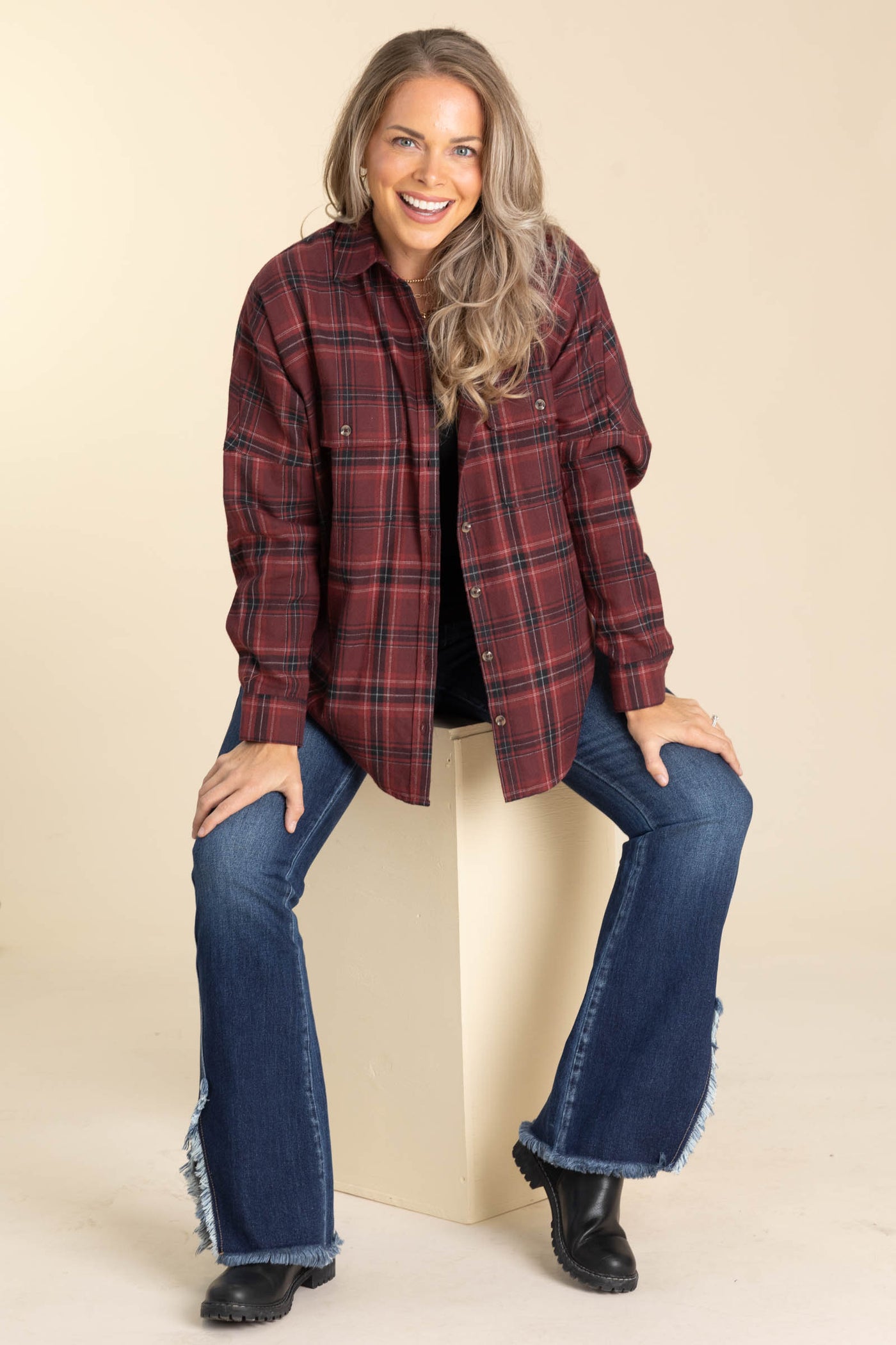 Burgundy Soft Brushed Plaid Woven Button Up