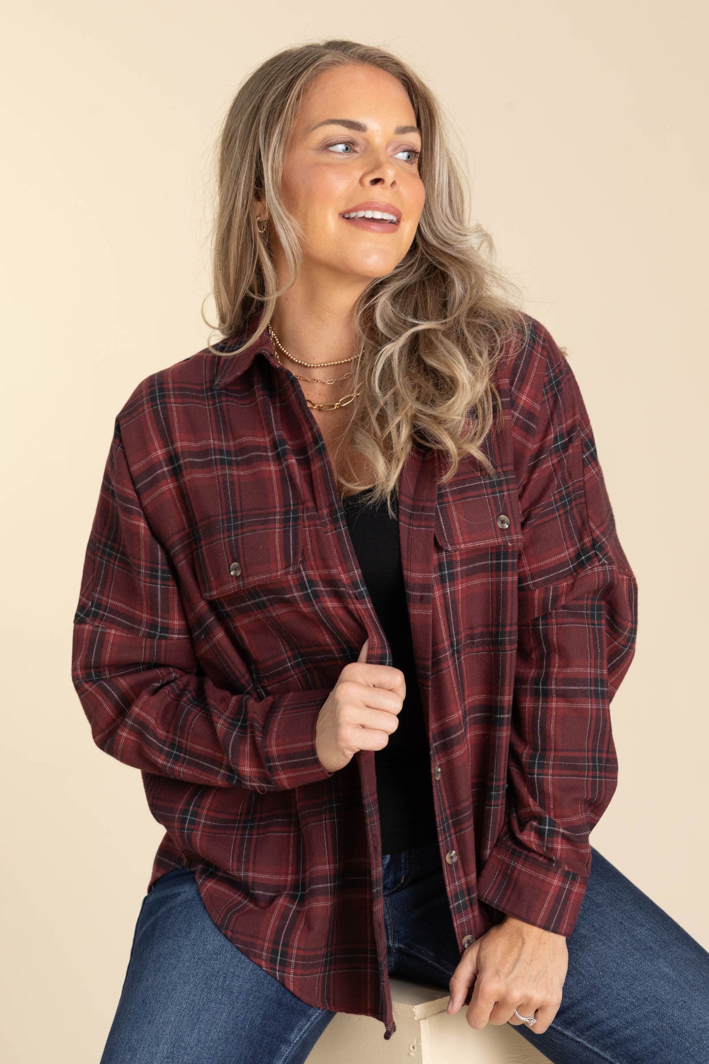 Burgundy Soft Brushed Plaid Woven Button Up