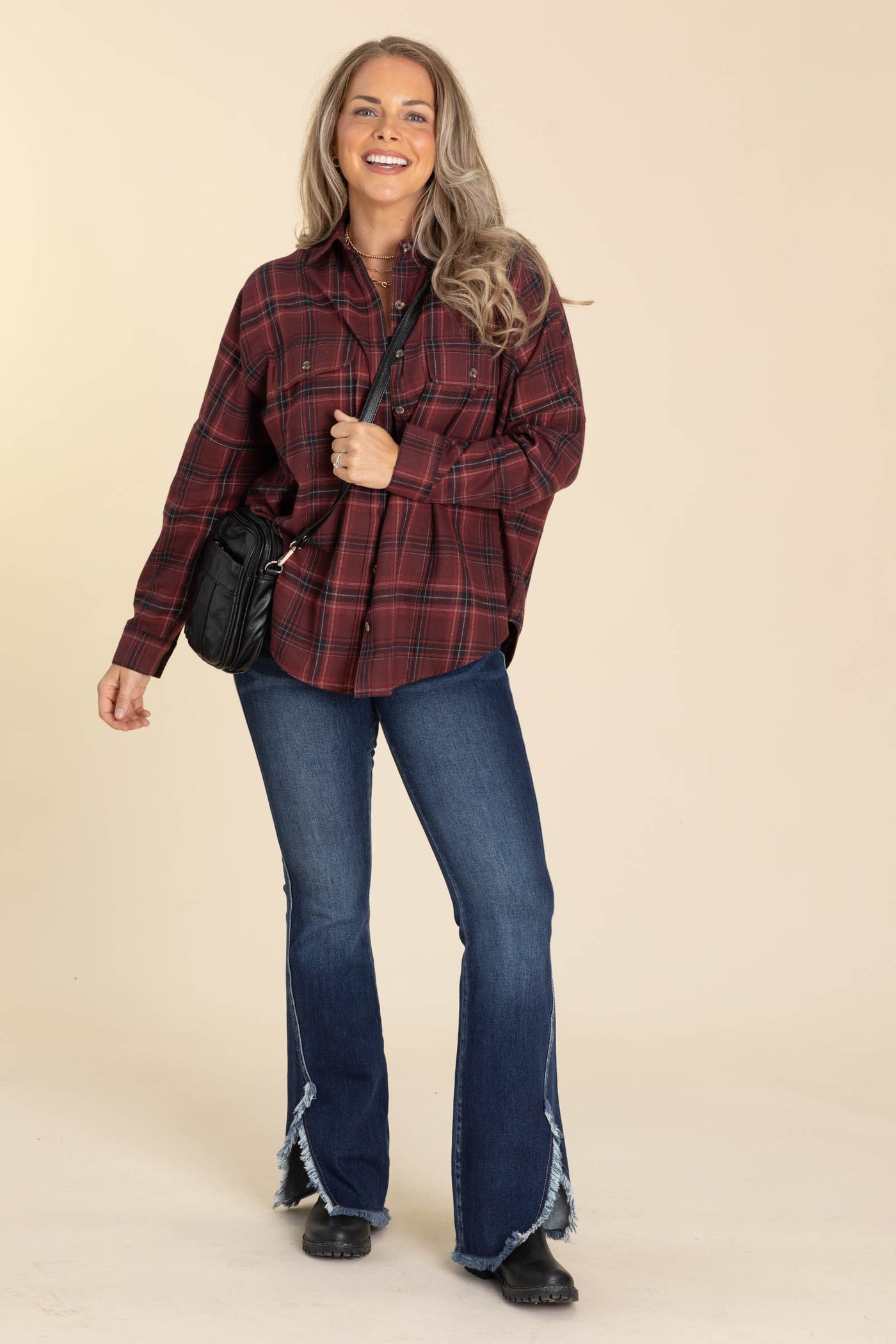 Burgundy Soft Brushed Plaid Woven Button Up