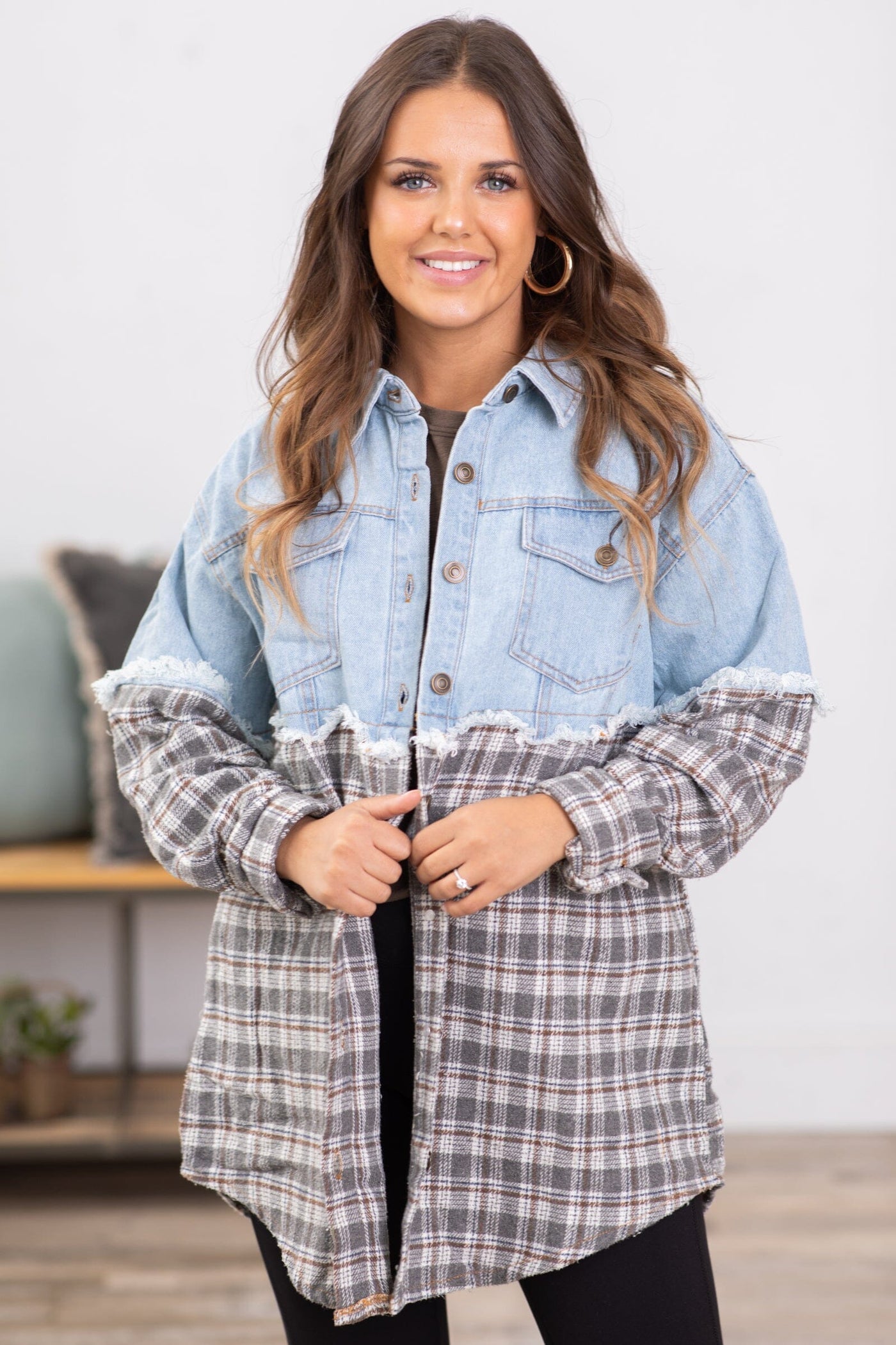 Light Wash and Charcoal Plaid Shacket - Filly Flair