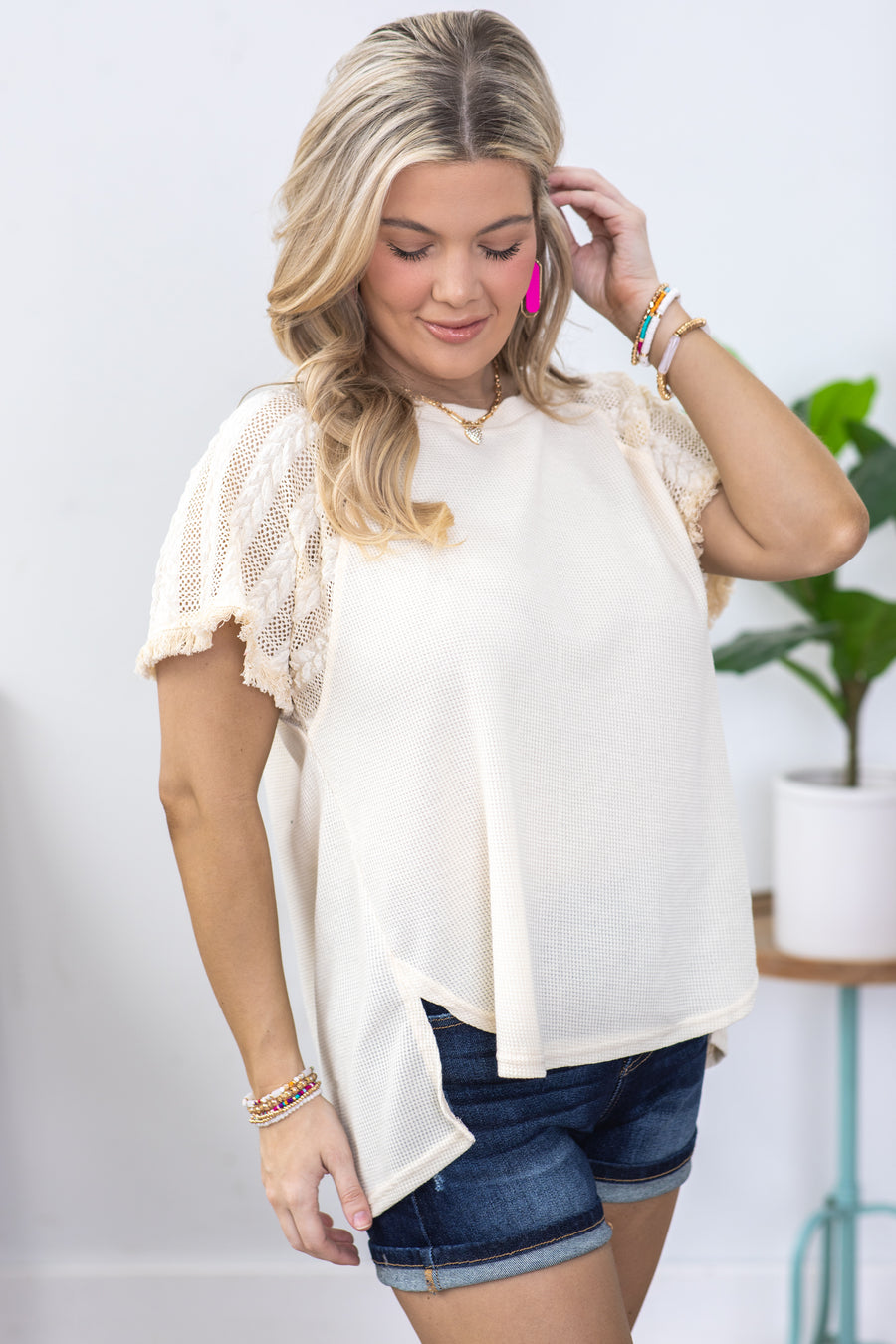 Cream Sleeve Detail High Low Knit Top