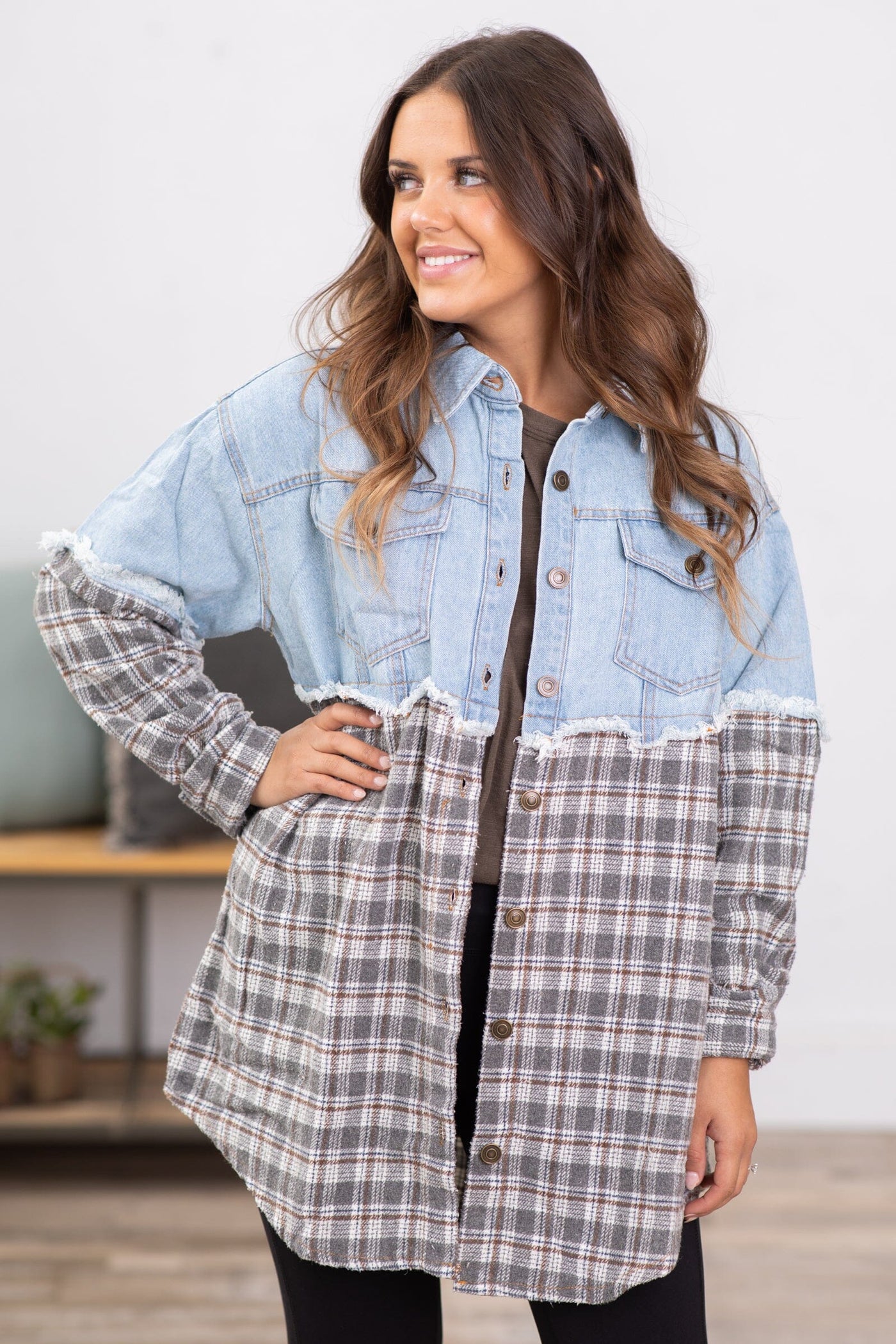Light Wash and Charcoal Plaid Shacket - Filly Flair