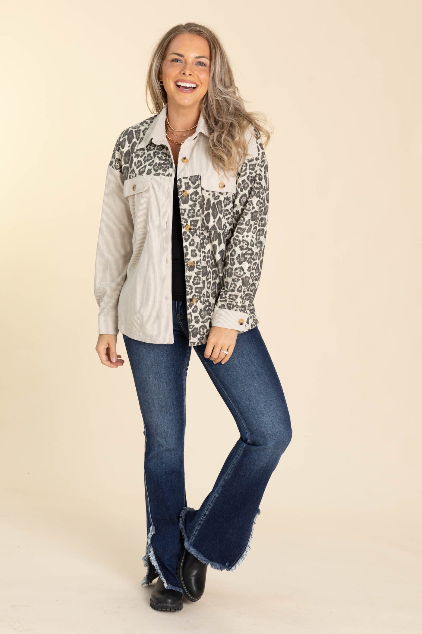 Oatmeal Leopard Print Contrast Button Shacket