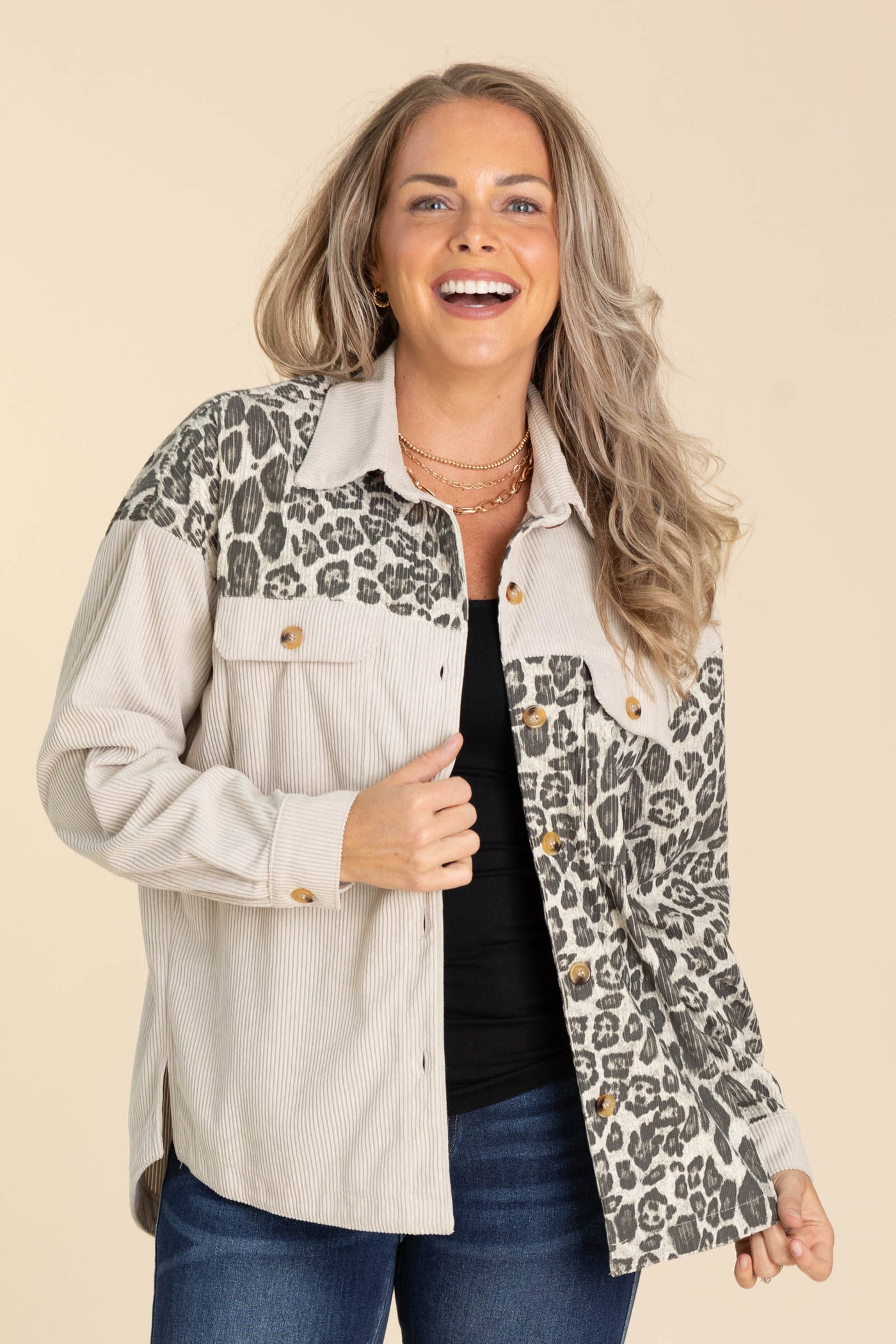 Oatmeal Leopard Print Contrast Button Shacket