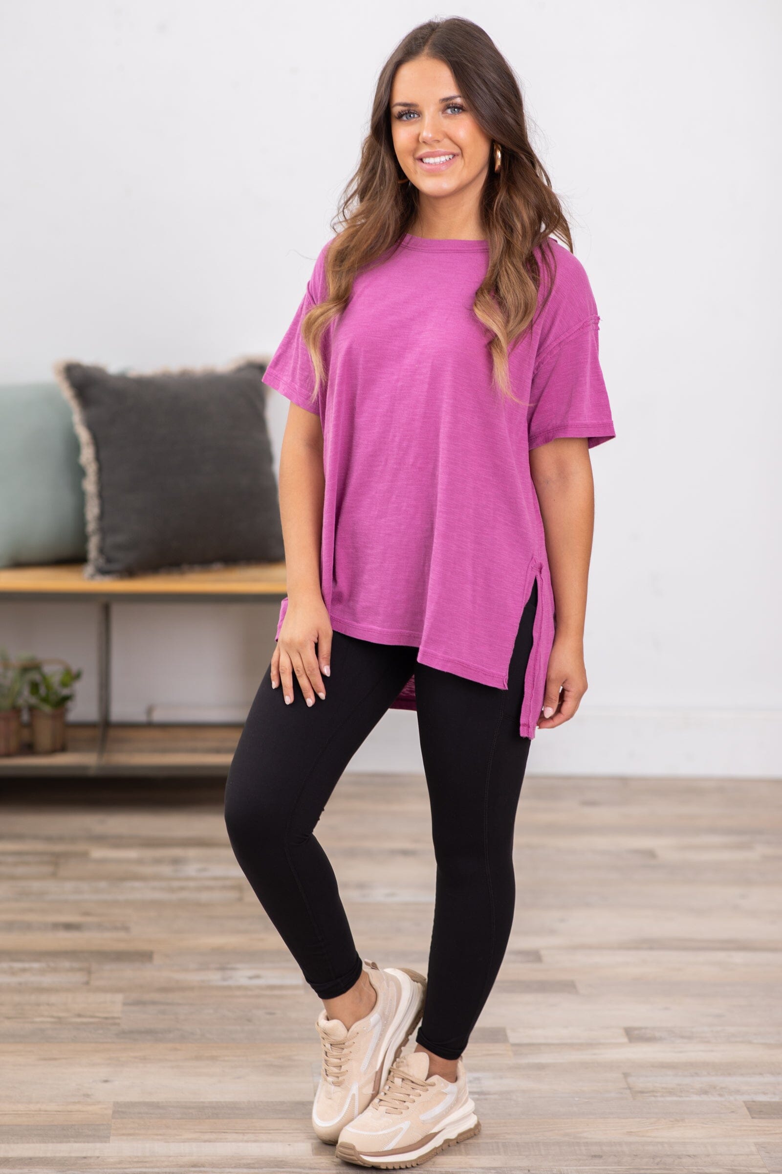 Berry Washed Top With Side Slits - Filly Flair