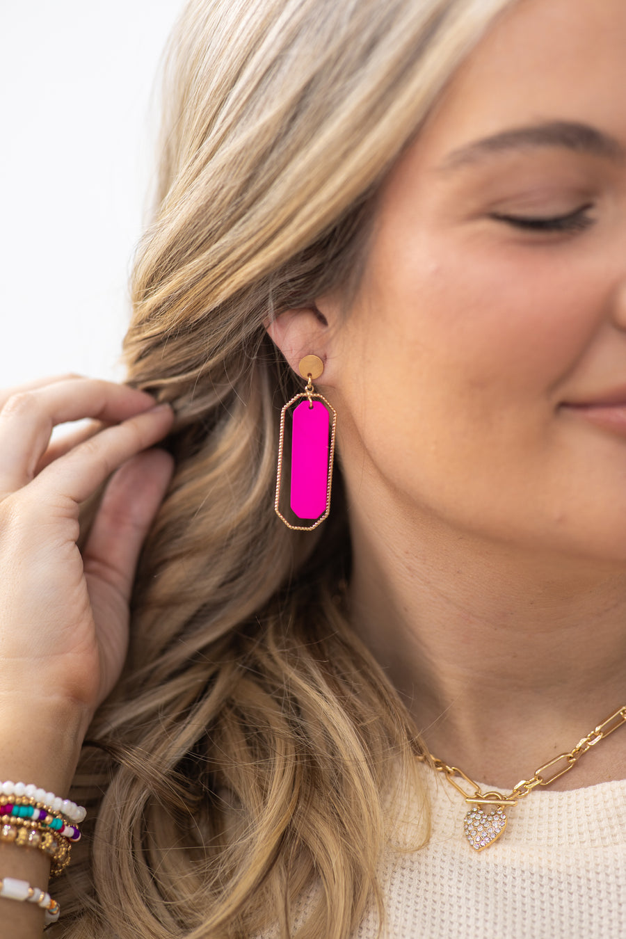 Hot Pink Coated With Gold Outline Earrings