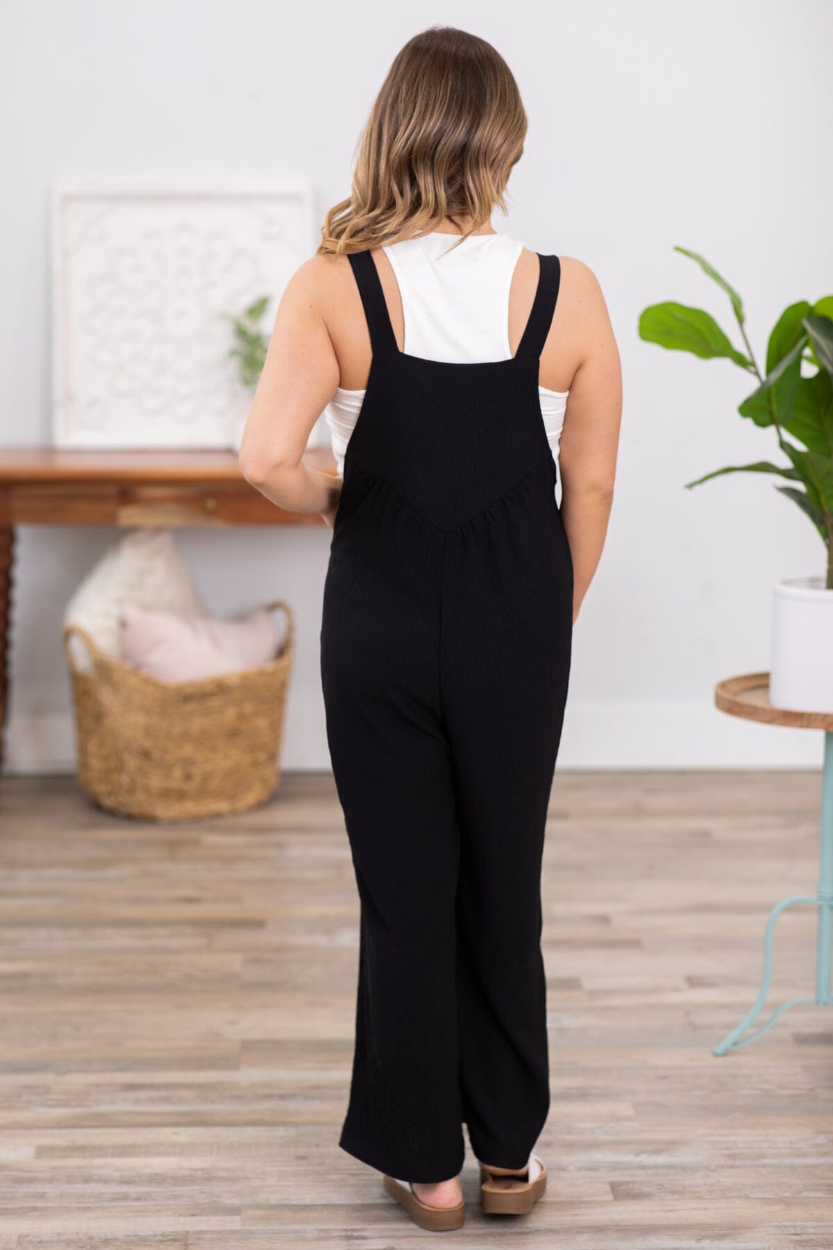 Black Wide Leg Overalls With Button Detail - Filly Flair