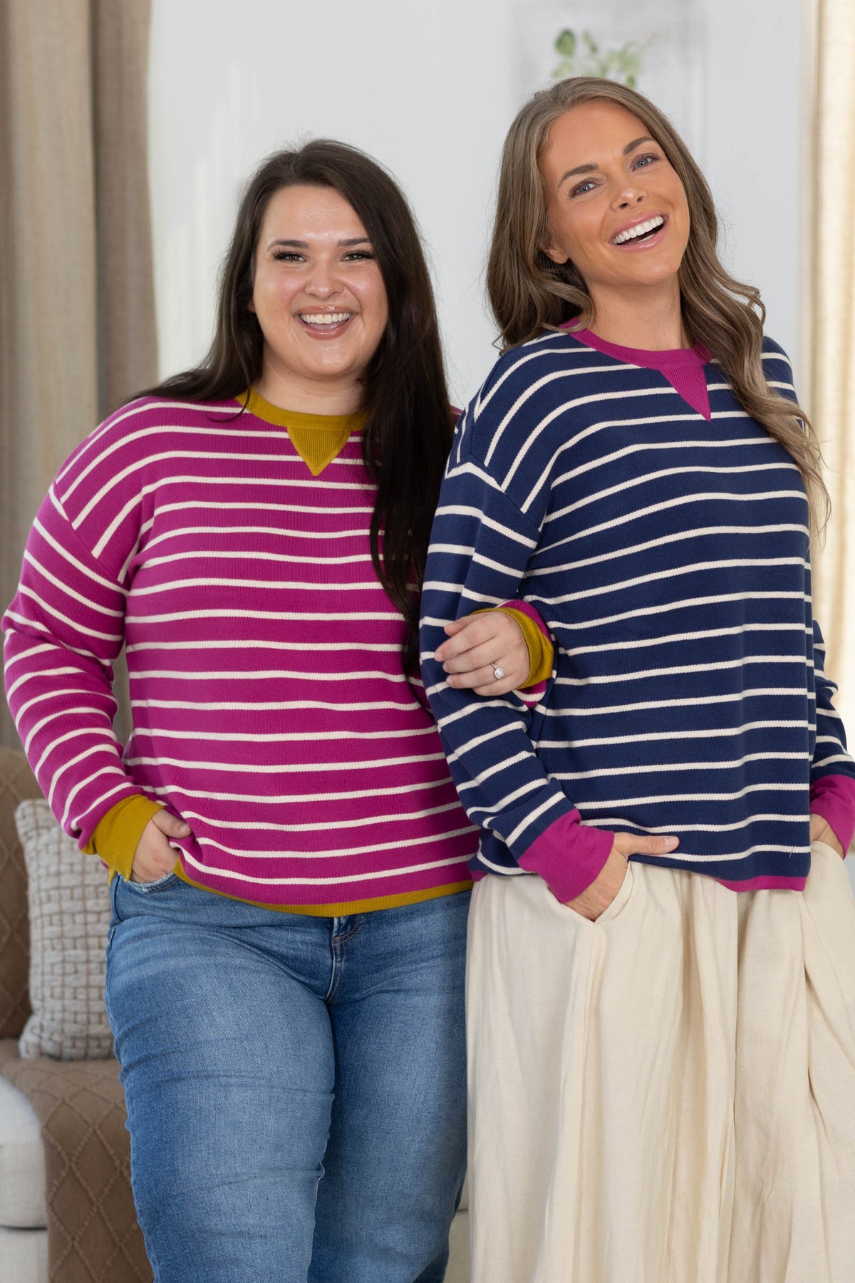 Staccato Stripe Color Contrast Long Sleeve Knit Sweater Top