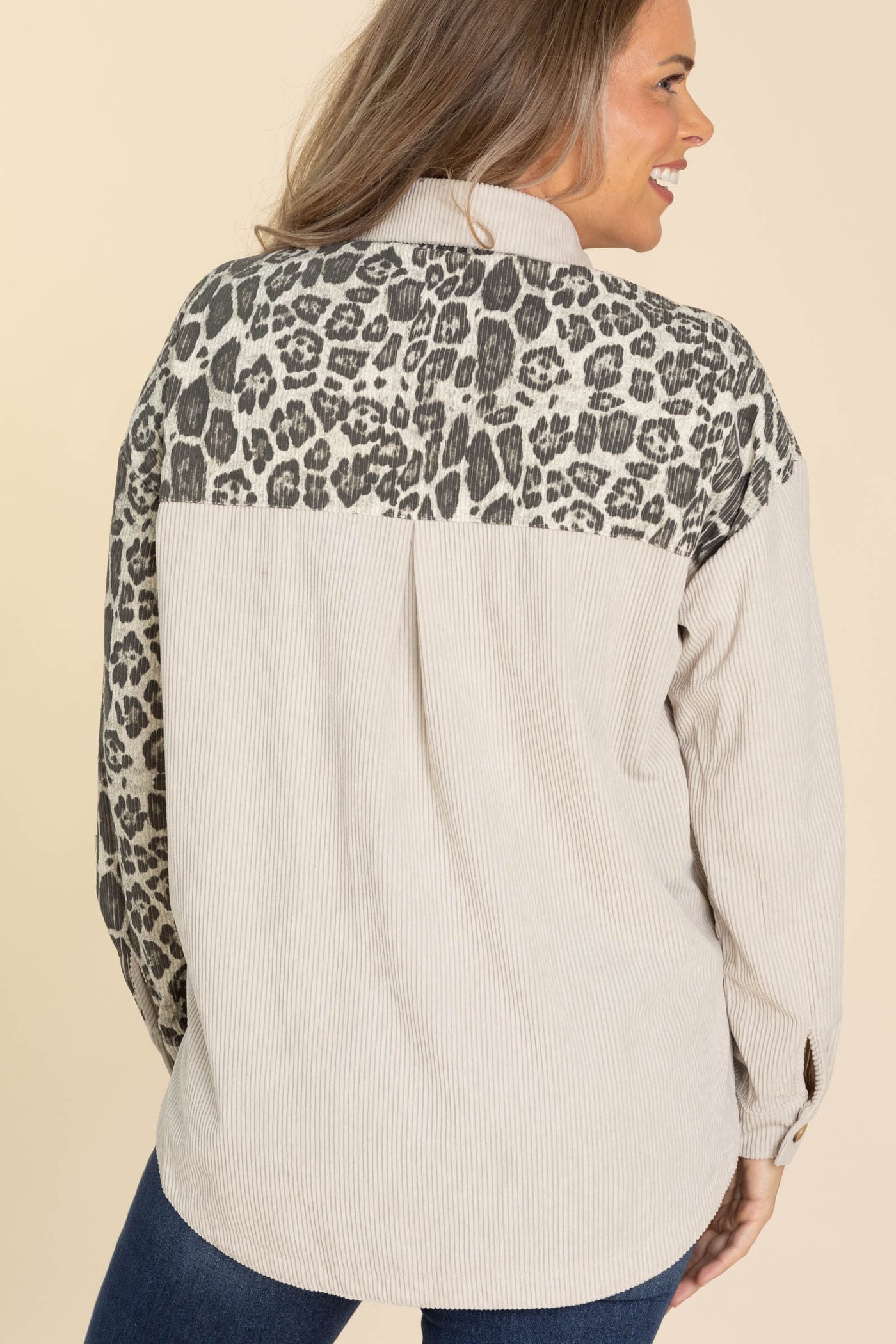 Oatmeal Leopard Print Contrast Button Shacket