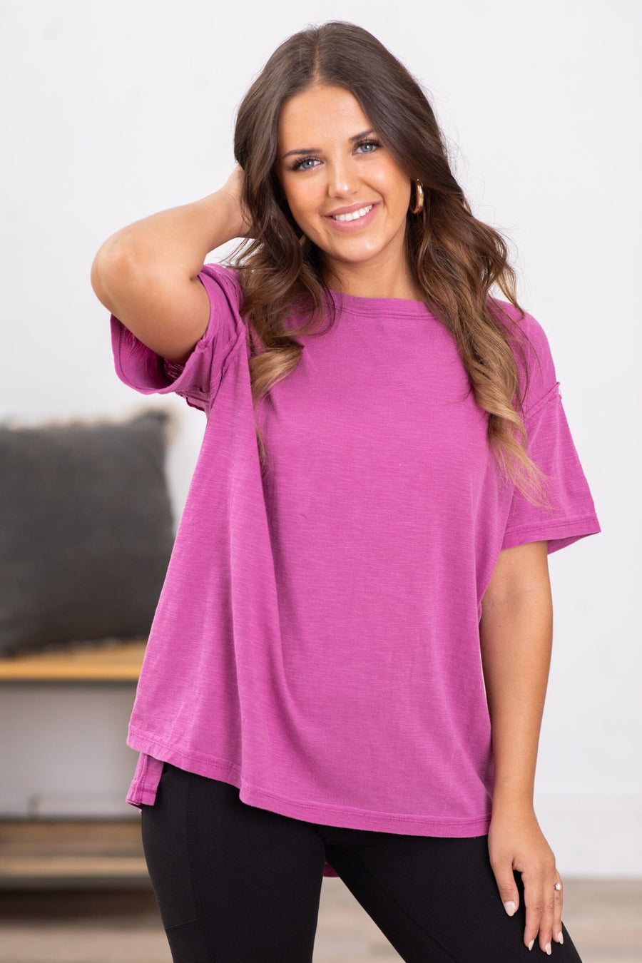 Berry Washed Top With Side Slits - Filly Flair
