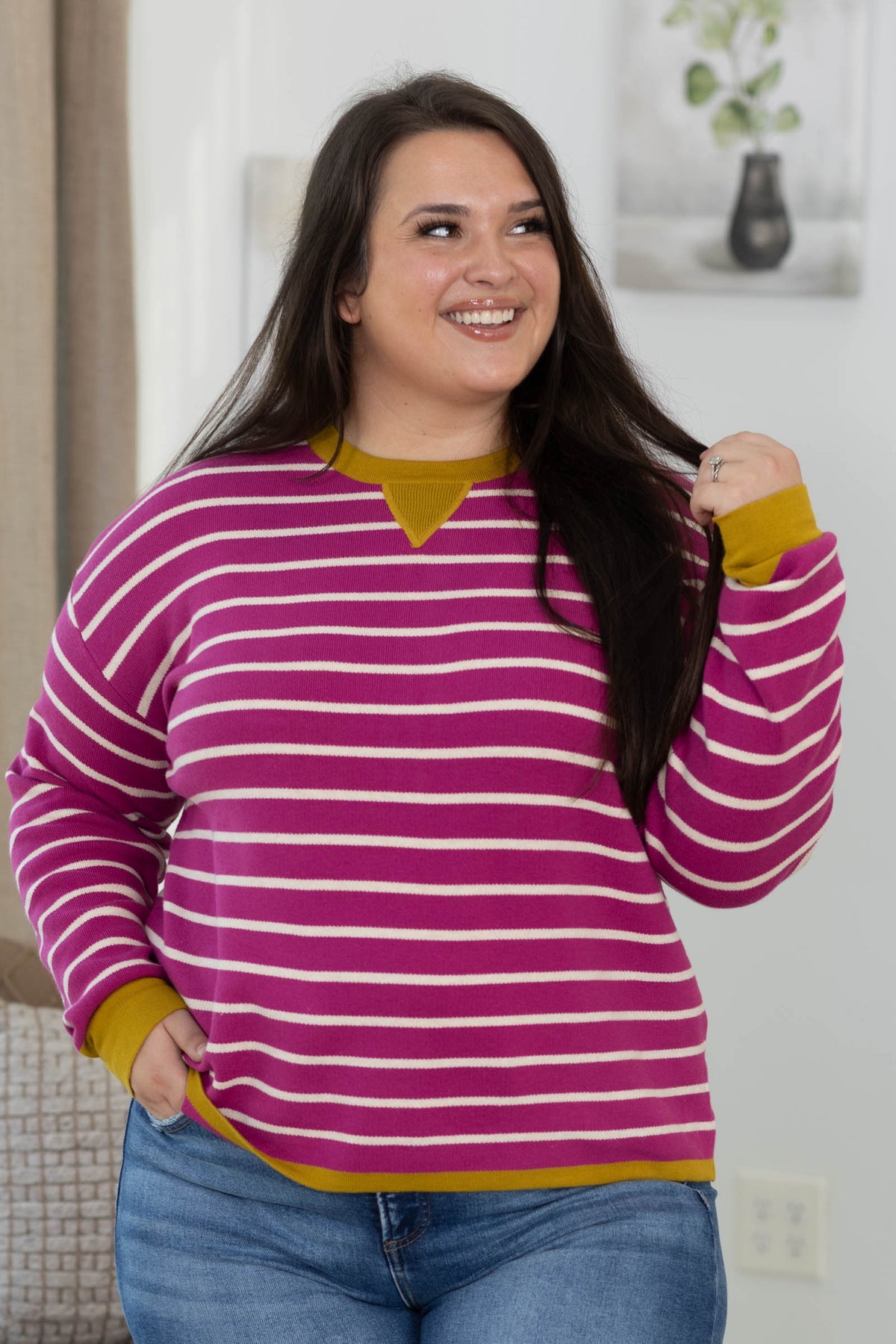 Staccato Stripe Color Contrast Long Sleeve Knit Sweater Top