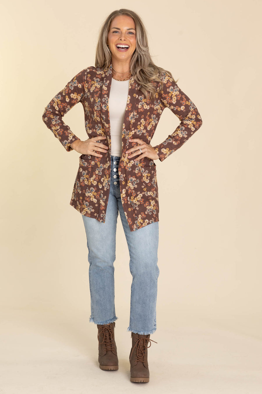 Red Brown Thermal Floral Print Open Cardigan