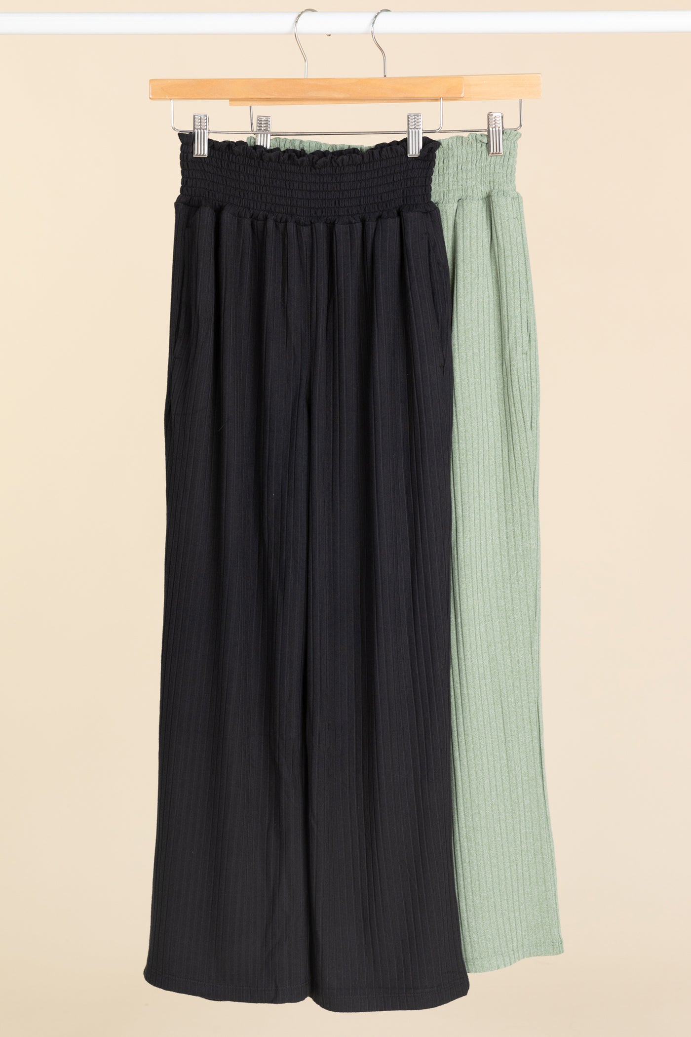 Smocked Waistband Ribbed Wide Leg Pants