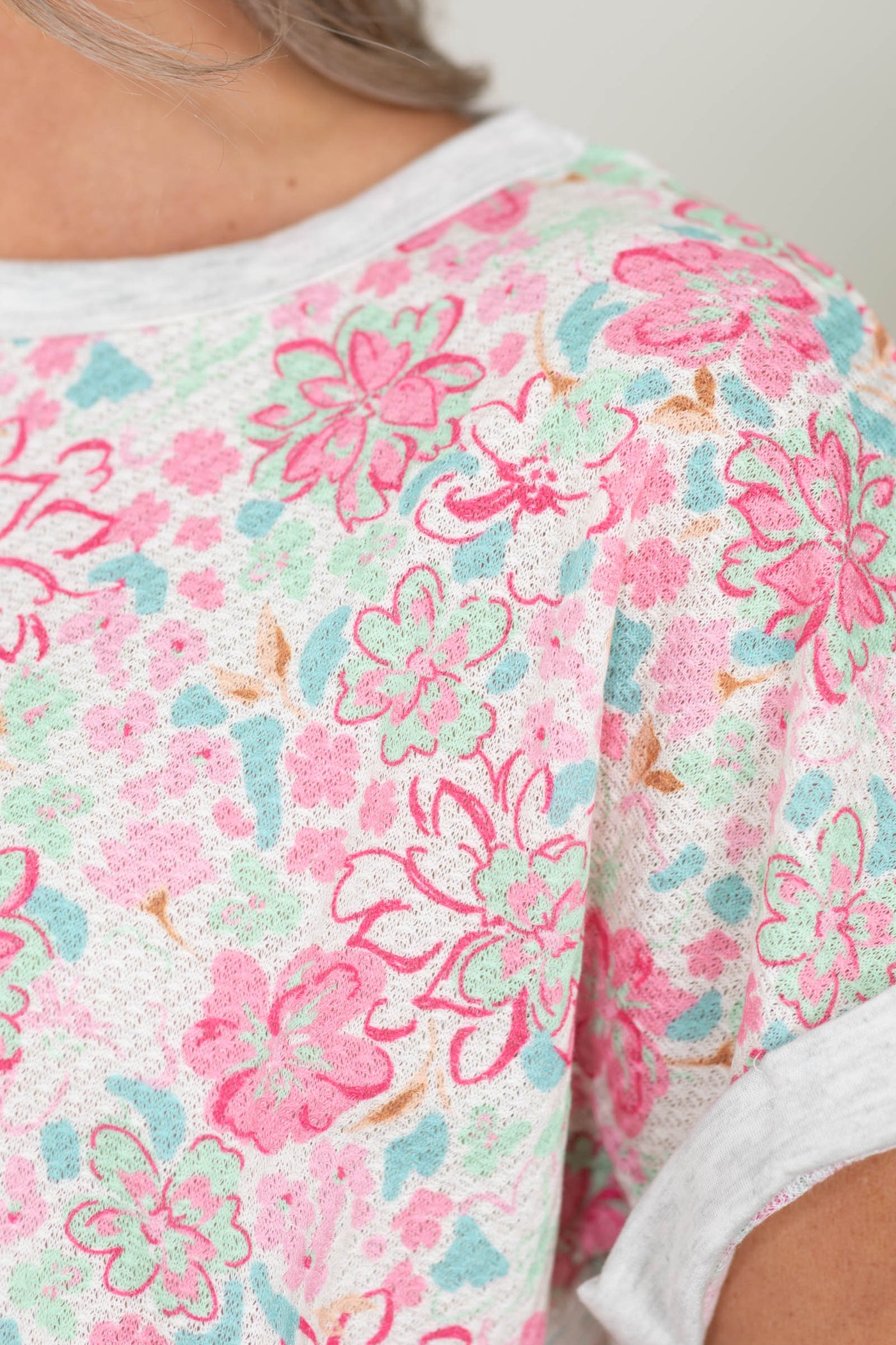 Off White With Pink Floral Waffle Knit Top
