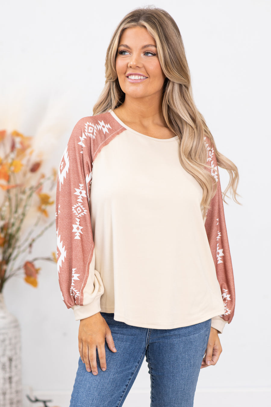 Beige and Light Rust Aztec Sleeve Top