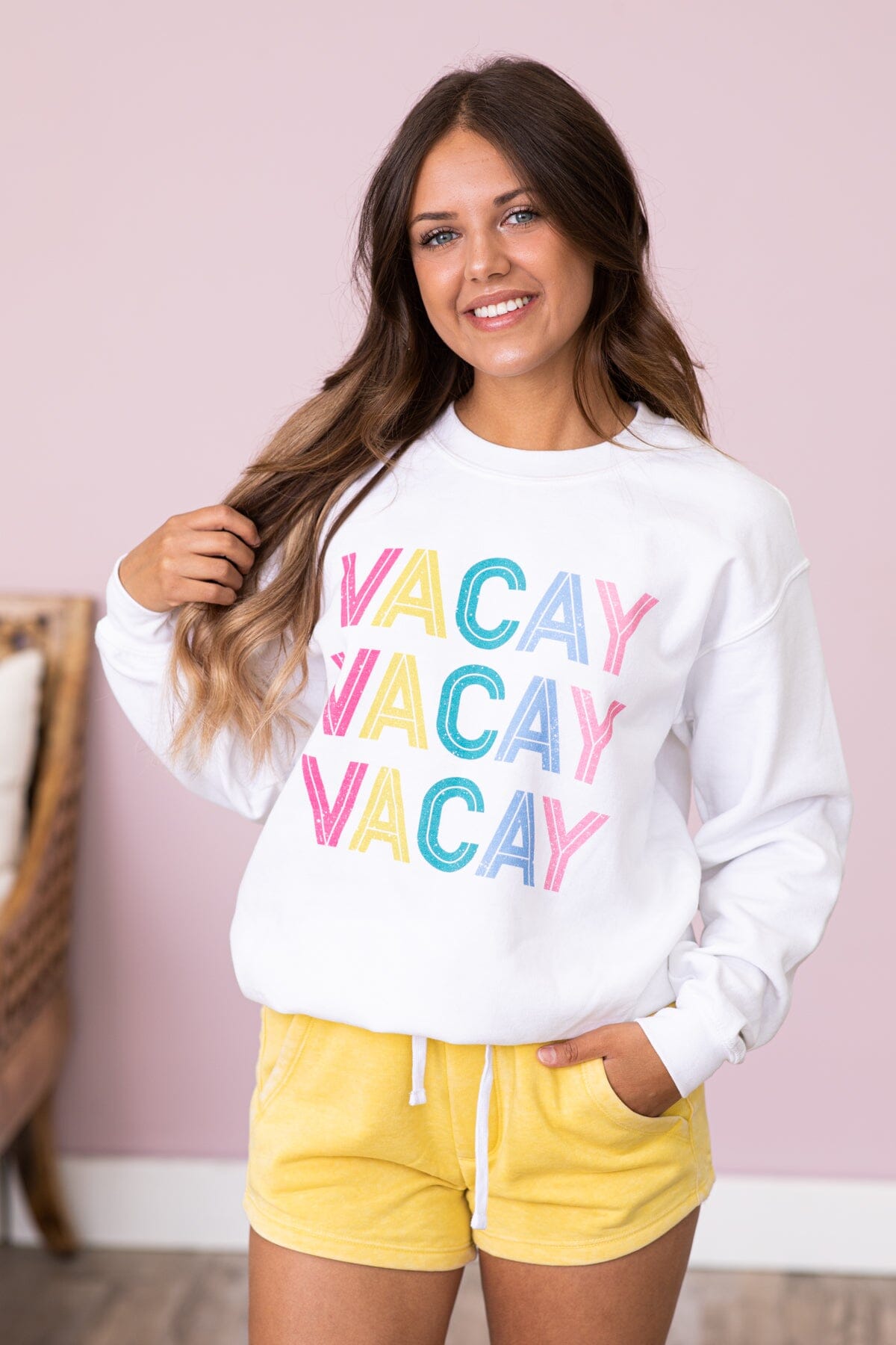 White Multicolor Vacay Graphic Sweatshirt - Filly Flair