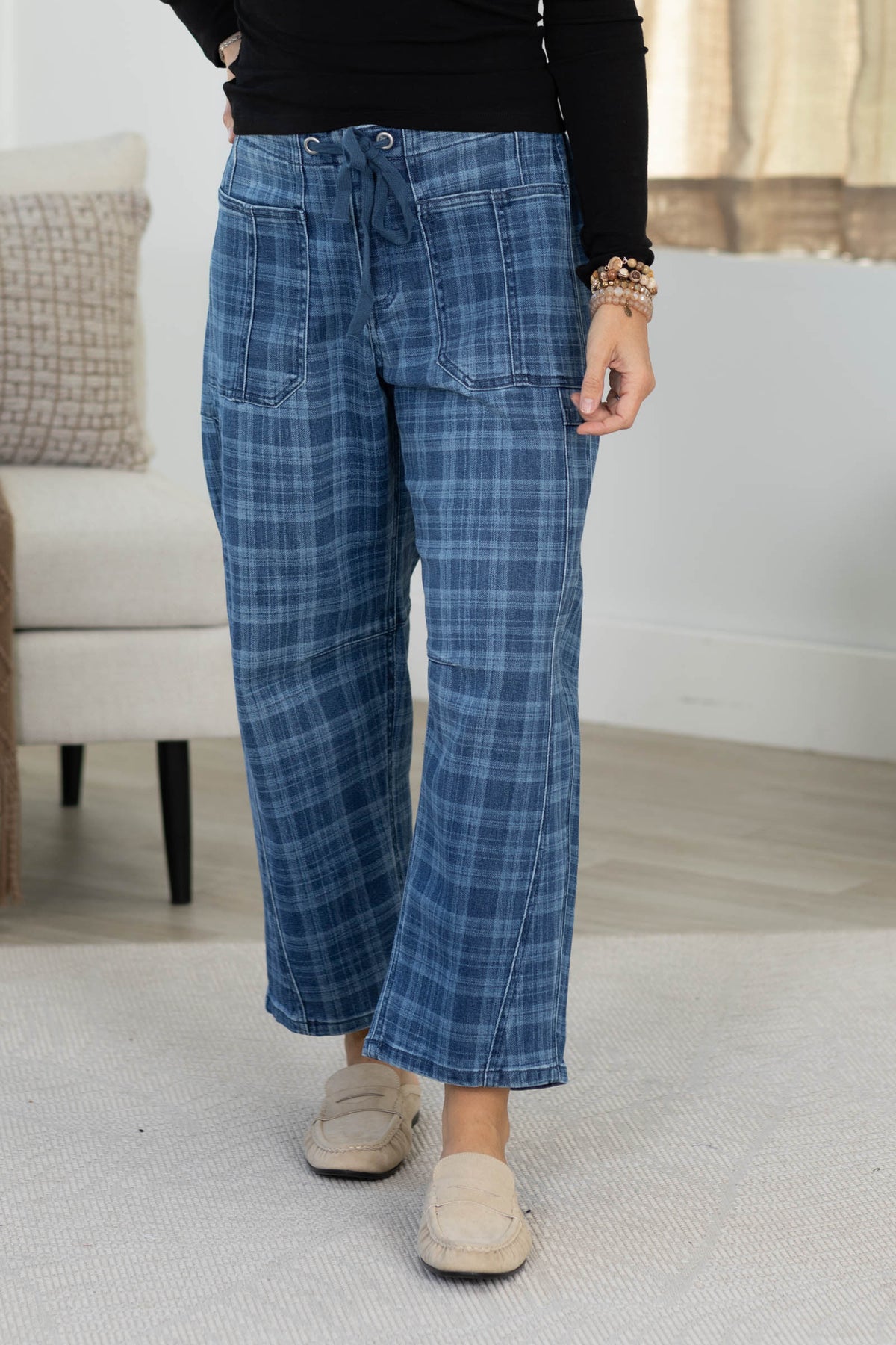 Risen Medium Wash Slouchy Barrel Plaid Jeans