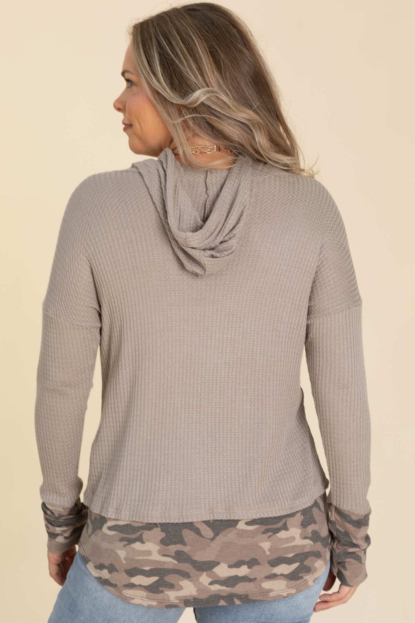 Mocha Waffle Hoodie With Camo Contrast