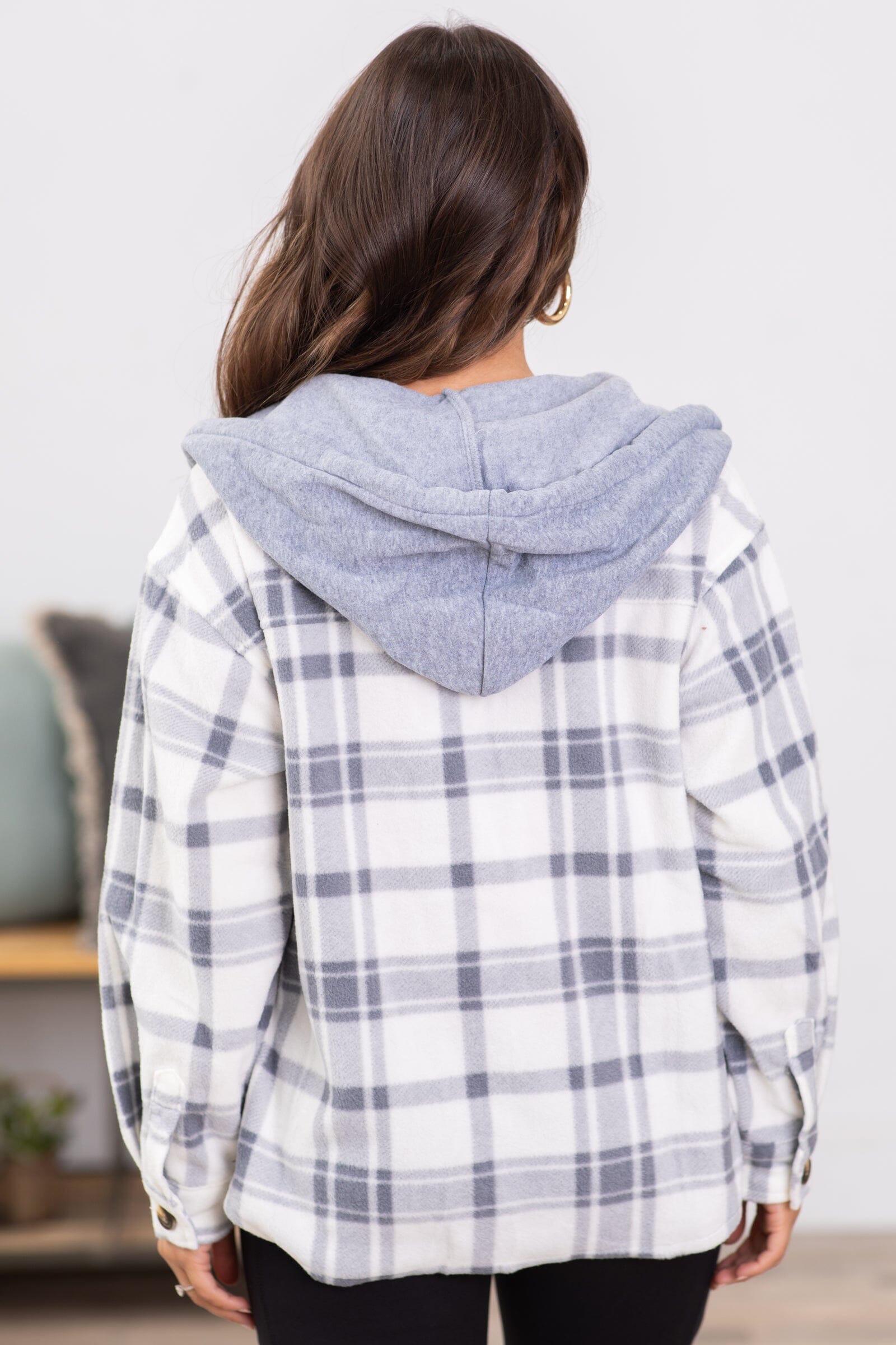Grey and Off White Plaid Hooded Shacket - Filly Flair