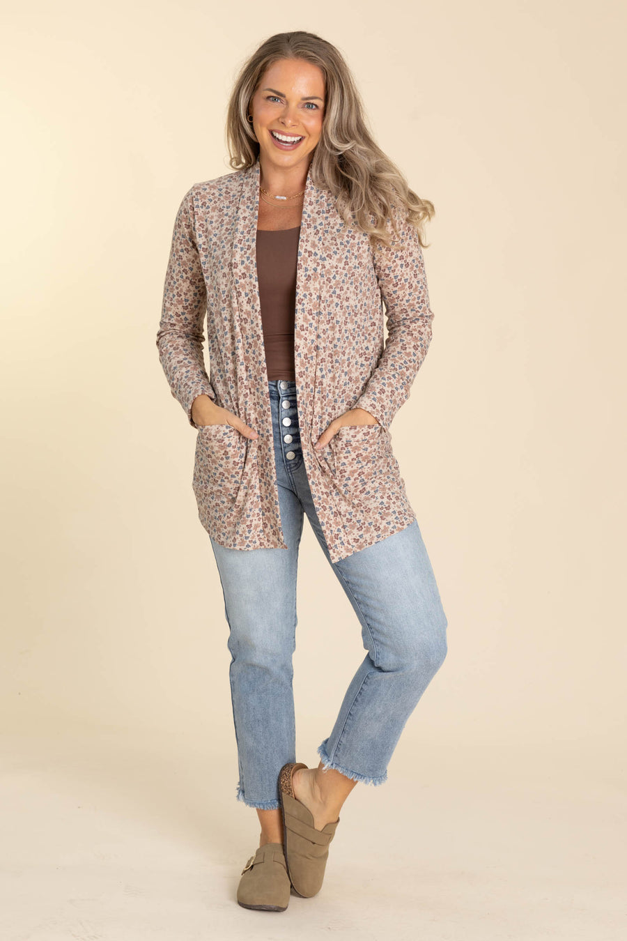 Floral Print Knit Cardigans With Pockets