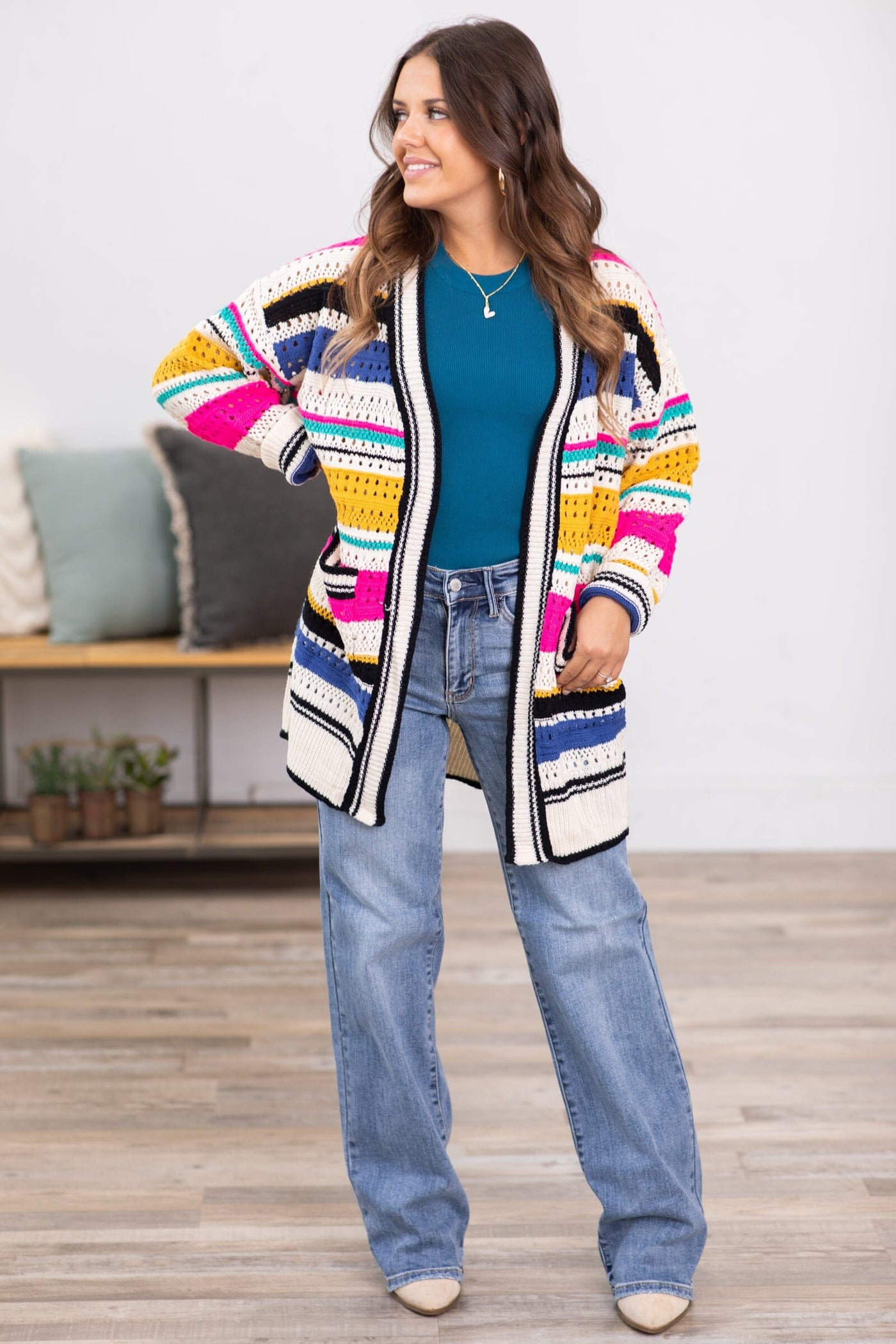 Ivory Multicolor Stripe Pointelle Cardigan - Filly Flair