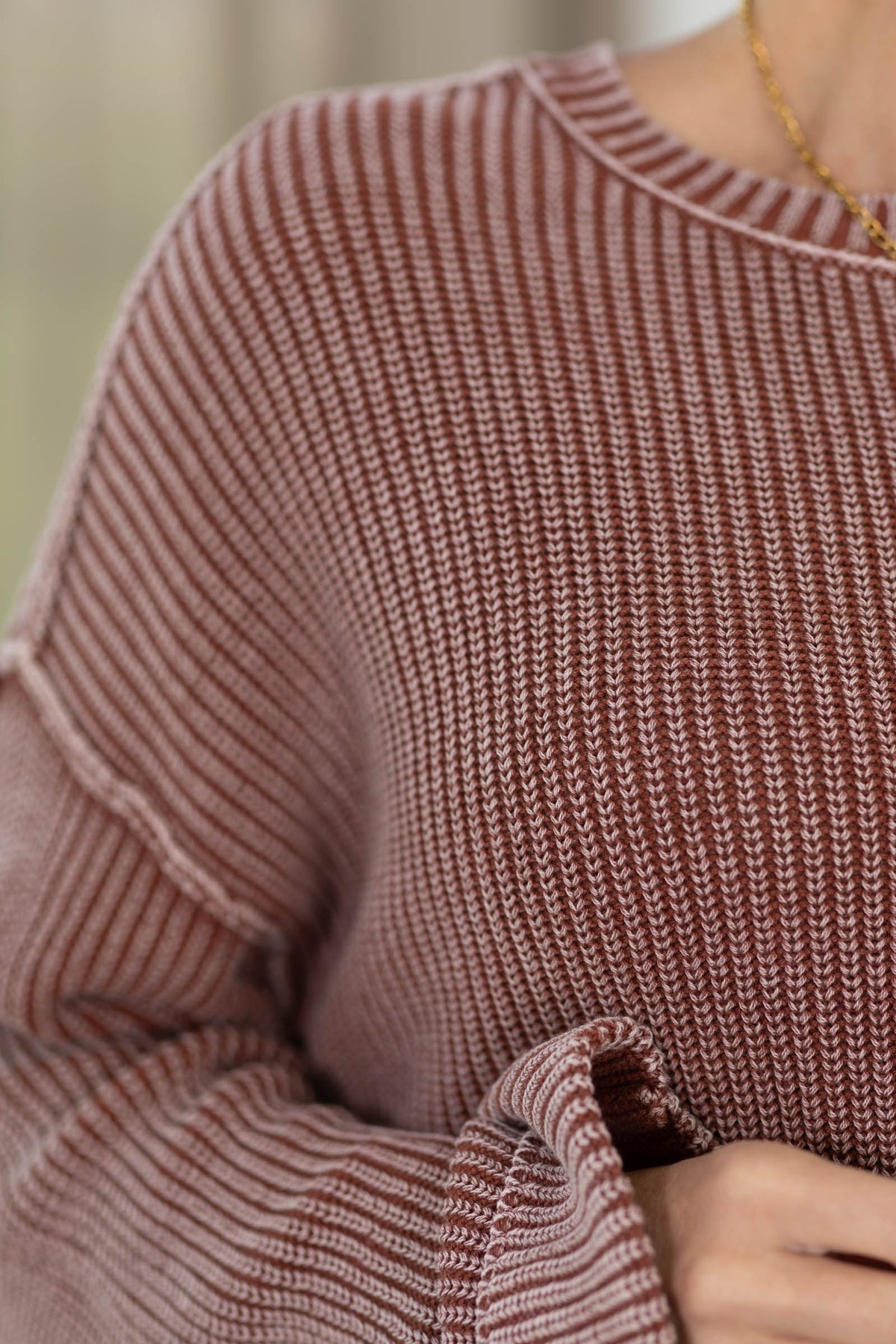 Washed Ribbed Long Sleeve Folded Cuff Knit Sweater