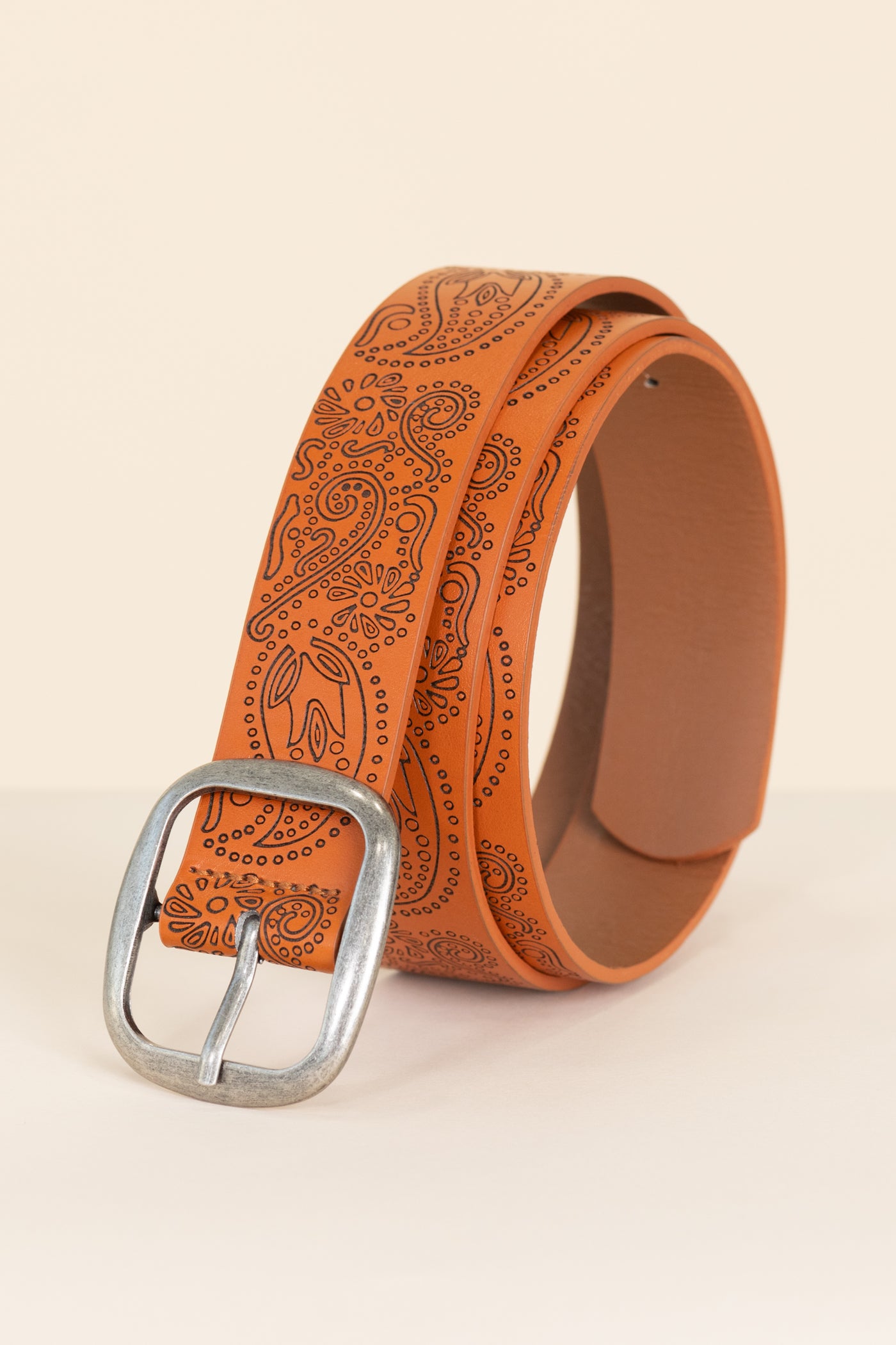 Cognac Etched Floral Faux Leather Belt