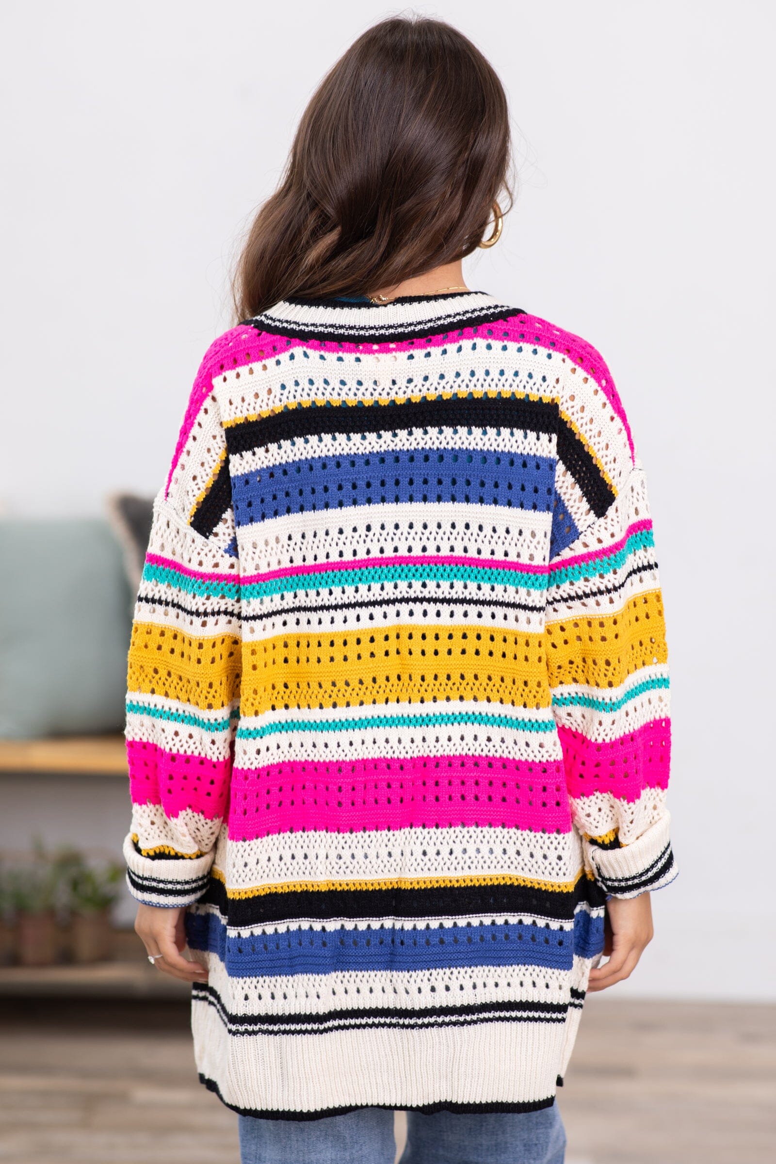 Ivory Multicolor Stripe Pointelle Cardigan - Filly Flair