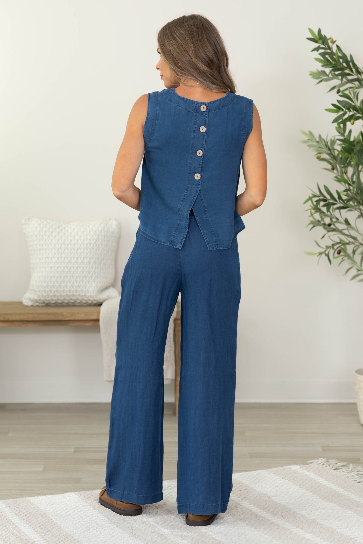 Dark Blue Elastic Waist Wide Leg Pants