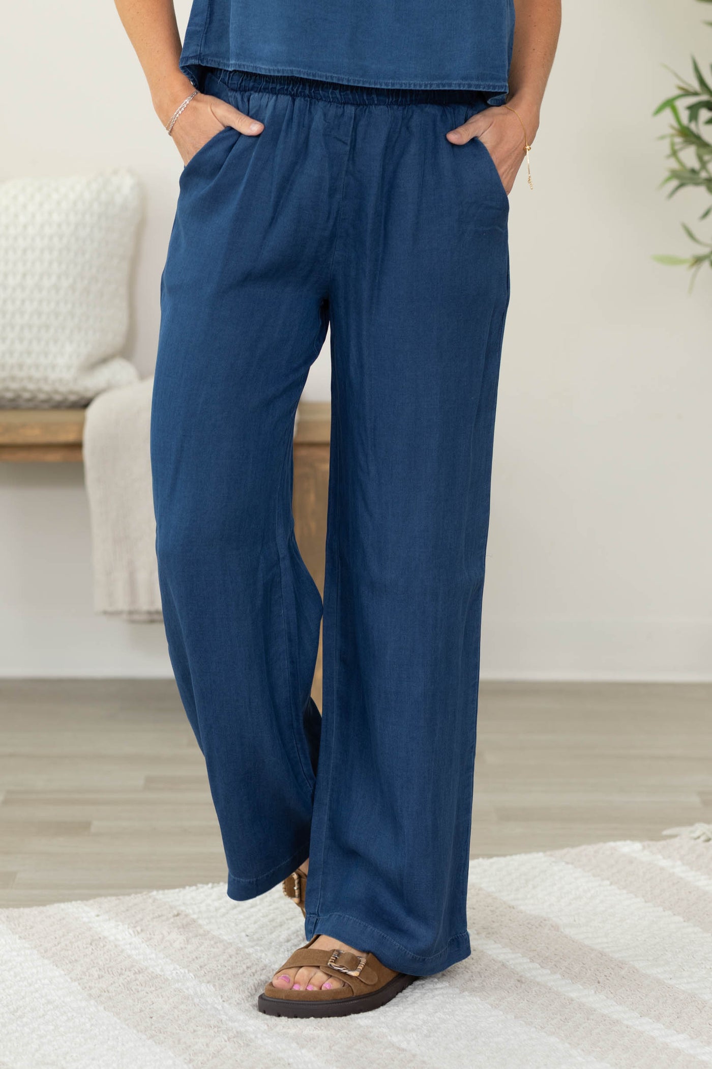 Dark Blue Elastic Waist Wide Leg Pants