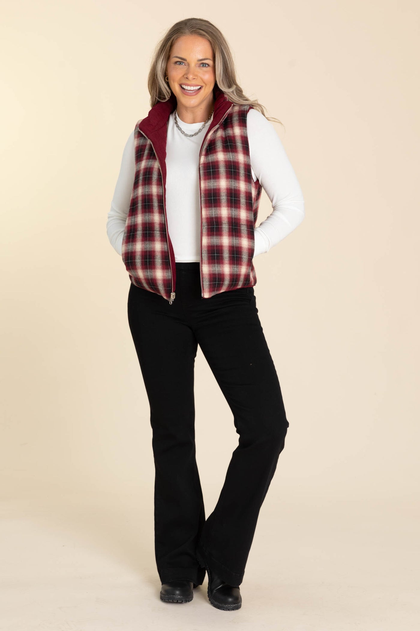 Corduroy And Plaid Reversible Puffer Vest