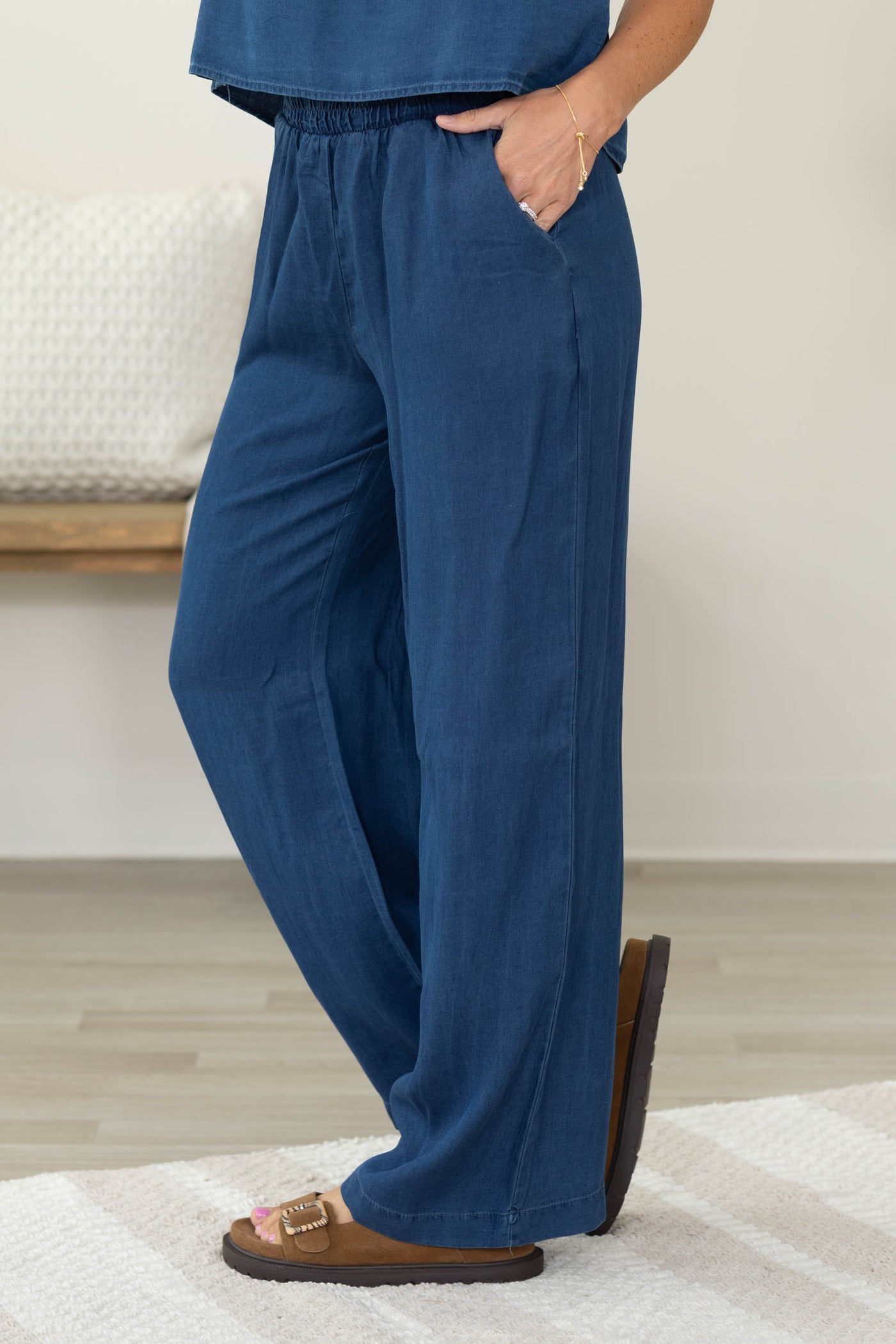 Dark Blue Elastic Waist Wide Leg Pants