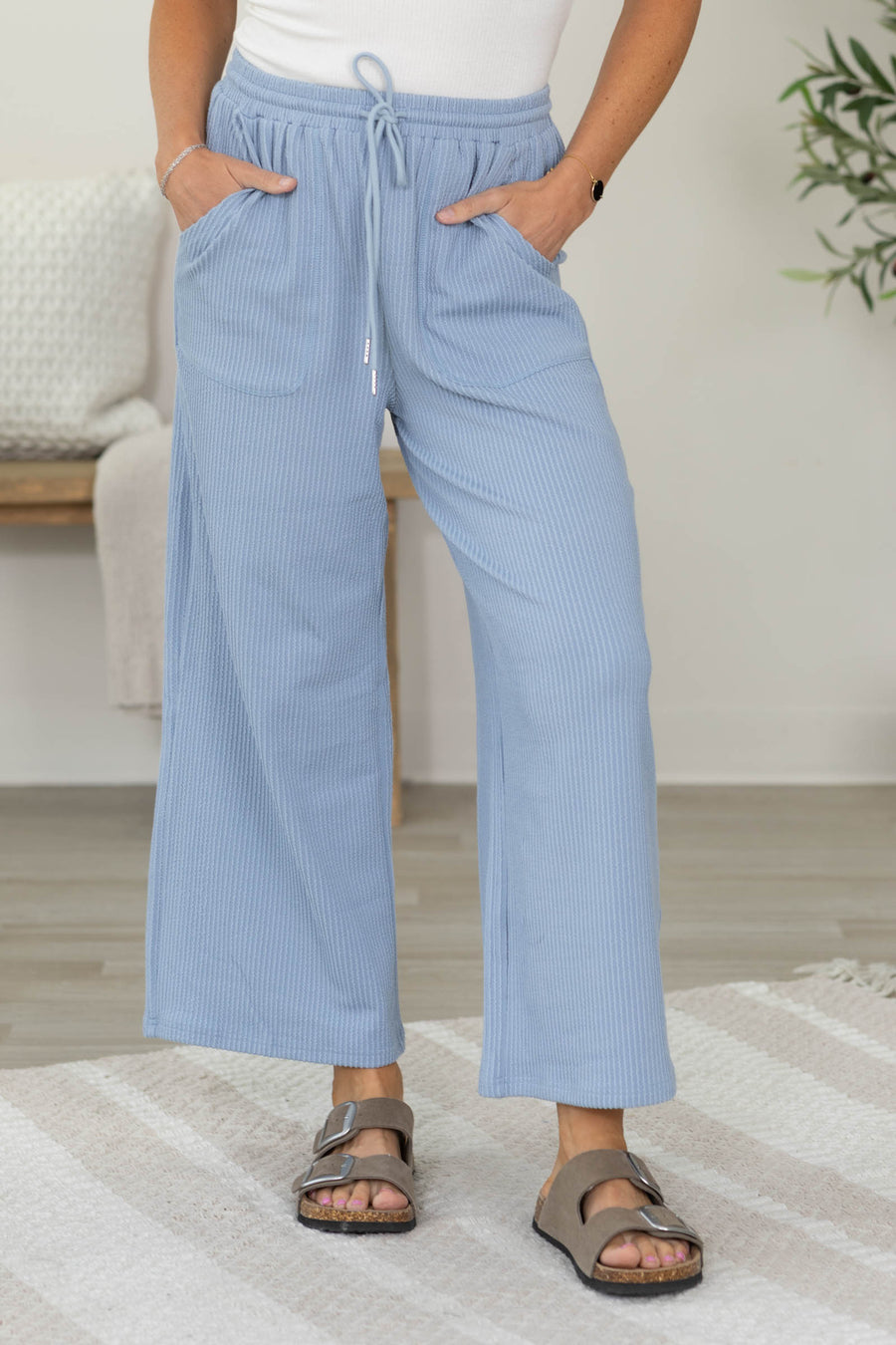 Dusty Blue Textured Knit Drawstring Pants