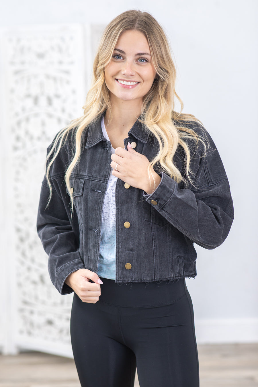 Black Washed Raw and Ribbed Crop Denim Jacket