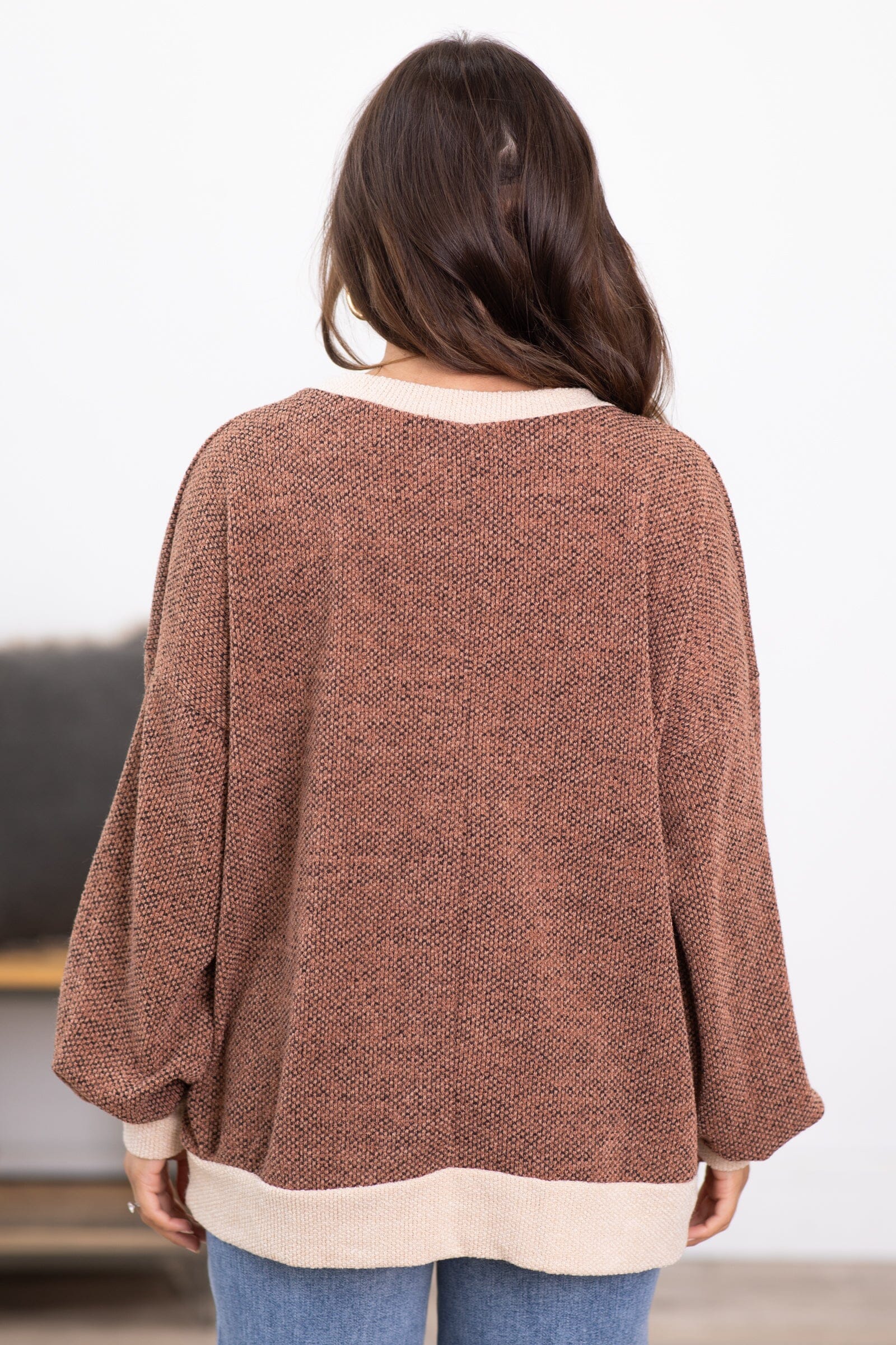 Light Brown Melange Top With Contrast Trim - Filly Flair