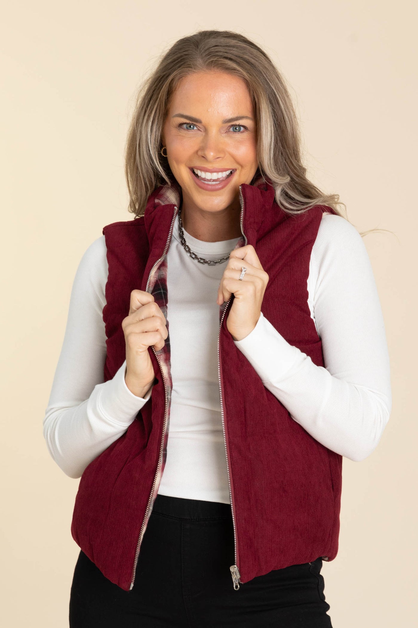 Corduroy And Plaid Reversible Puffer Vest